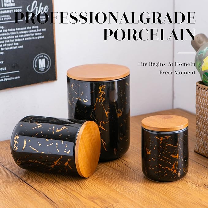 Black Ceramic Canister Set with Wooden Lid, 3-Piece Food Storage Jars for Kitchen Counter, Storage Container for Sugar, Coffee, Tea, Spice