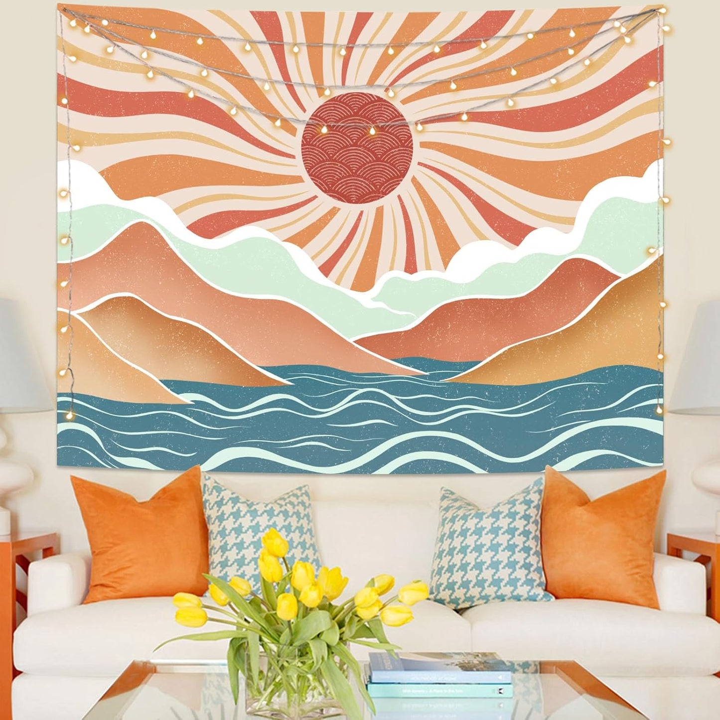 Lunerfex Boho Sun Tapestry Sunset Wall Tapestry, Mountain Tapestries for Bedroom 80s Tapestries Wall Hanging for Bedroom Living Room Decor Boho-2 70"x90"