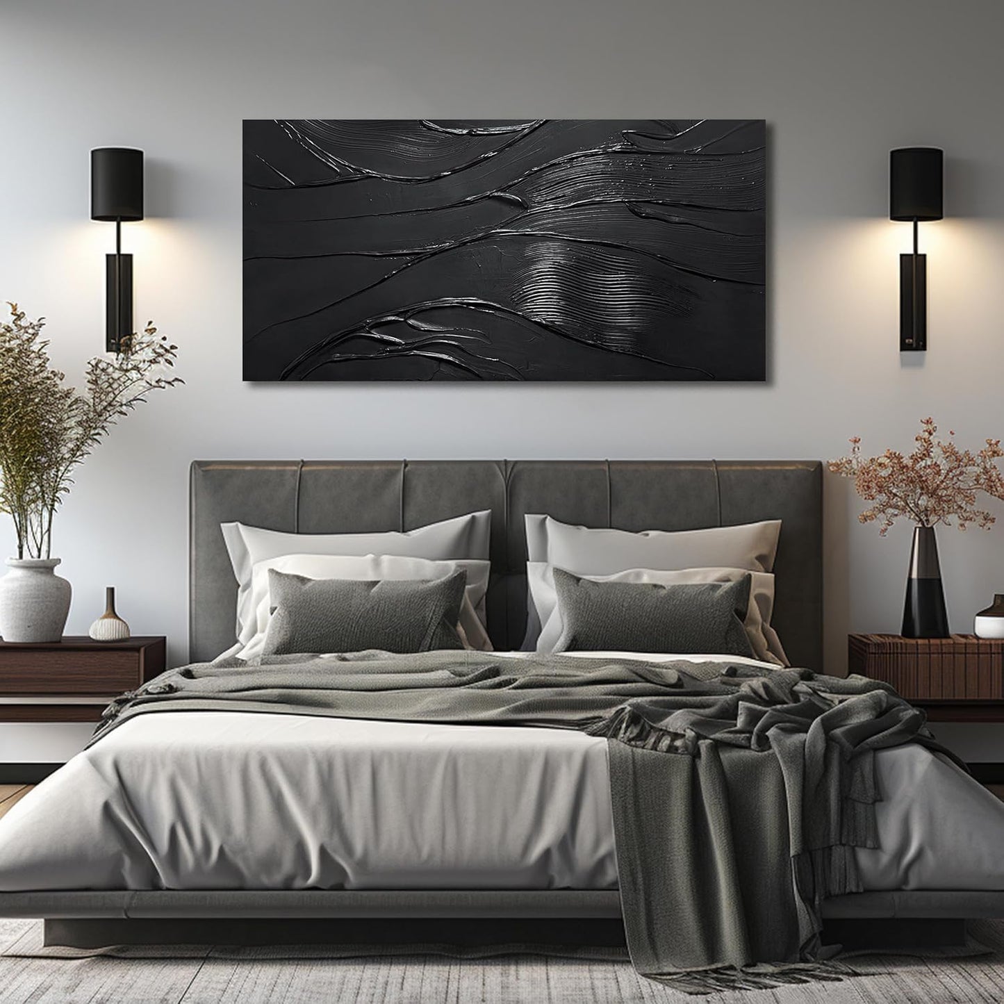 Modern Wall Decor For Bedroom Abstract Hand-Painted Oil Painting For Living Room Black Canvas Wall Art For Home Office Size 24 x 47 Inch