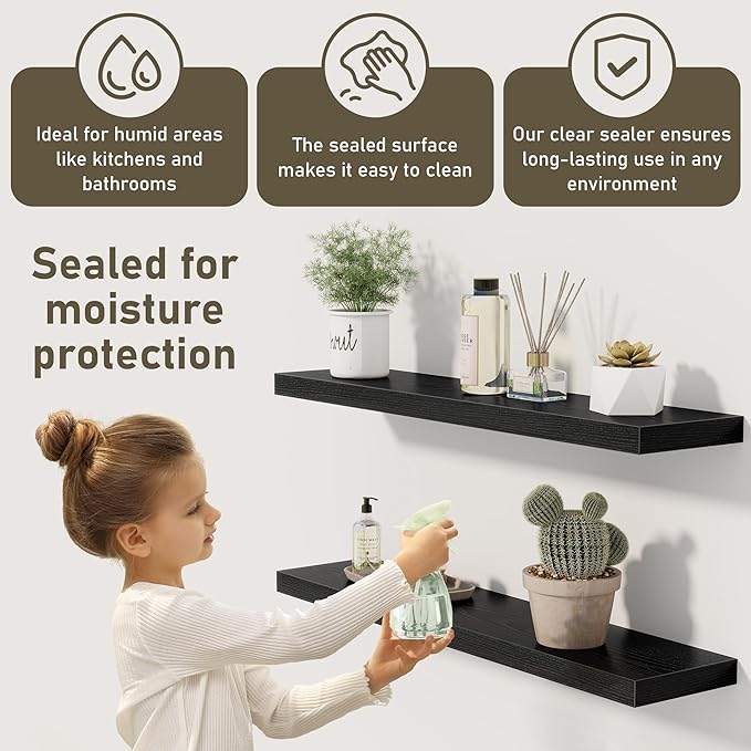 Black Floating Shelves Wall Shelf 48 Inch, 9.3 Inch Deep Floating Shelf for Wall, Farmhouse Black Wood Shelves Invisible Bracket for Living Room, Bedroom, Kitchen, 48 x 9.3 x 1.4 Inch, Set of 2