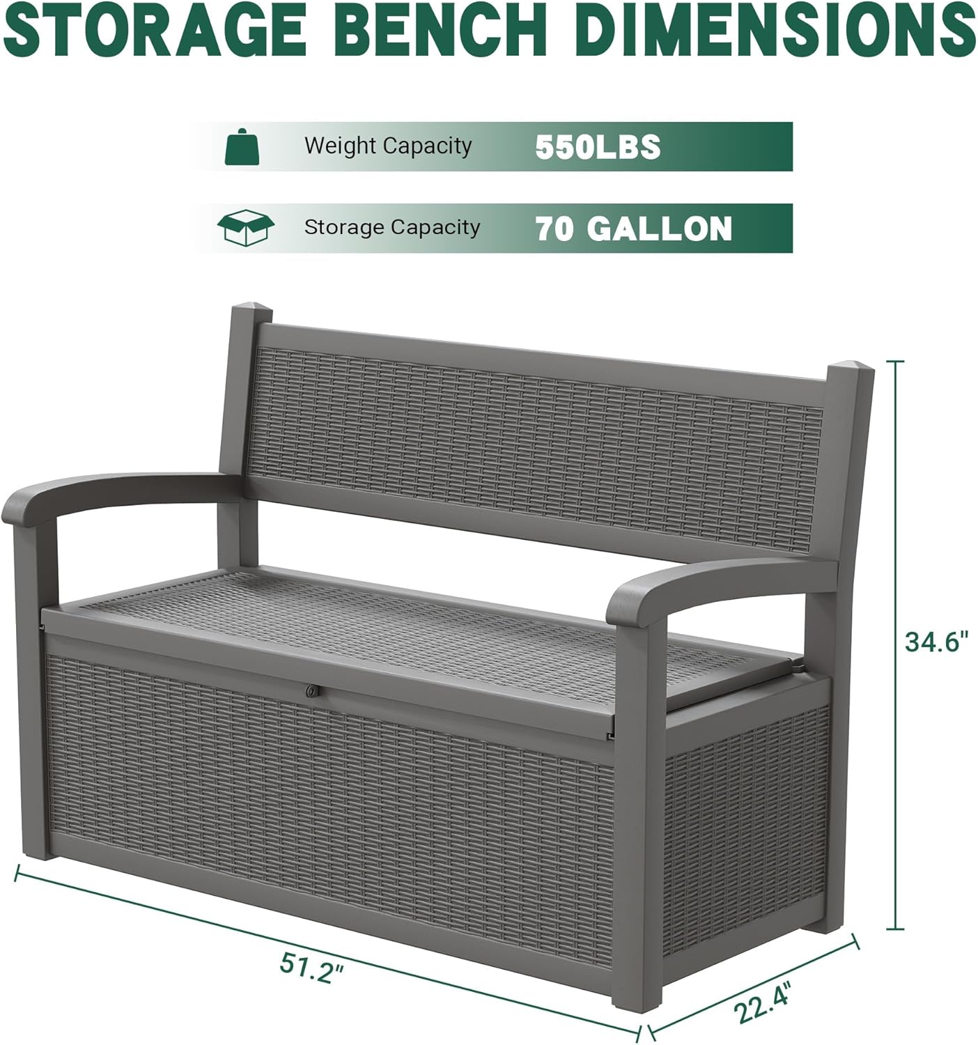 70 Gallon Outdoor Storage Box, Resin Patio Furniture with Armrest, Lockable Deck Box with Waterproof and UV Resistant for Patio Cushions, Garden Tools and Pool Supplies, Grey