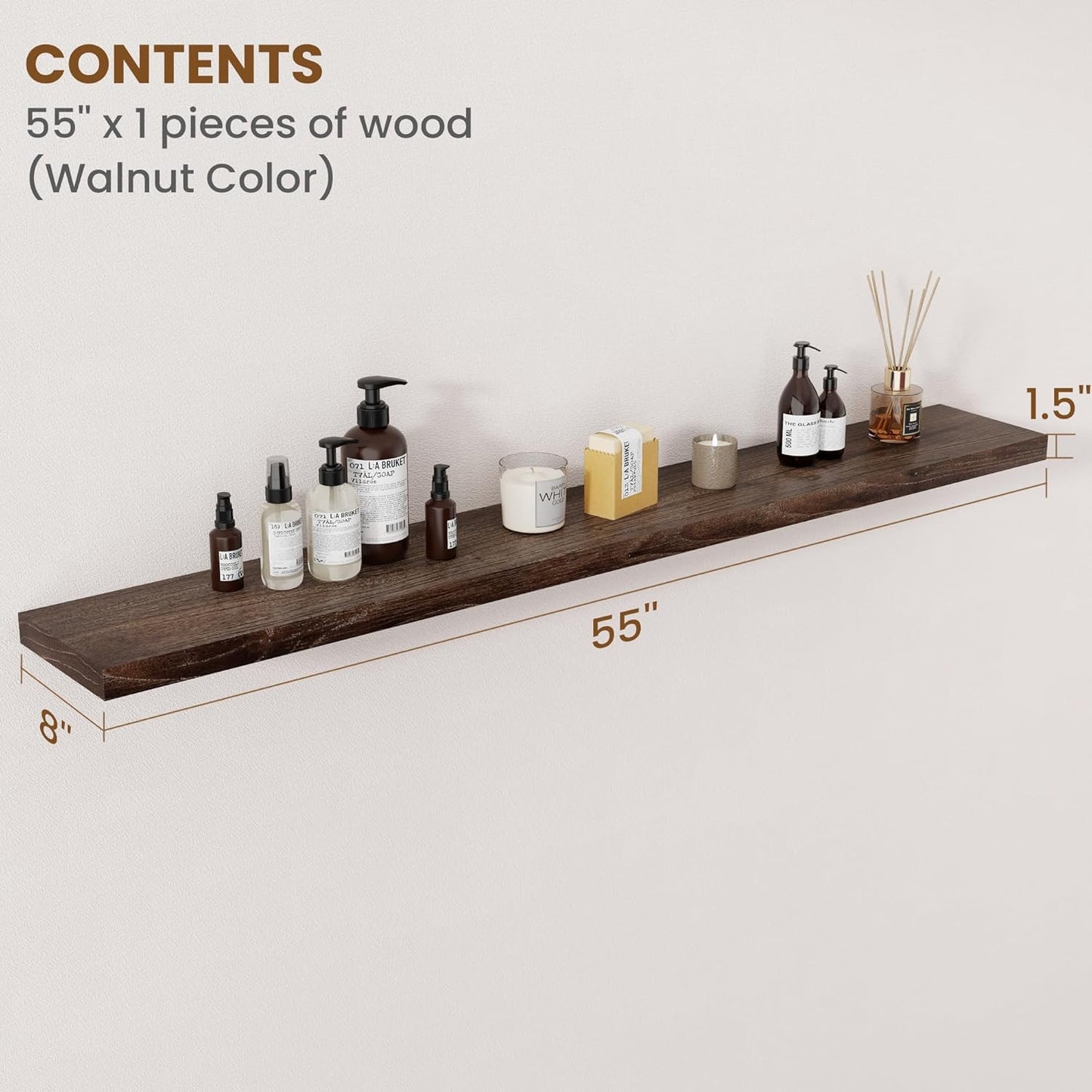 Floating Shelves for Wall Decor, 8 Inch Deep Rustic Solid Elm Wood Floating Shelves Wall Mounted, Wall Shelves with Invisible Bracket for Living Room Bathroom Bedroom Kitchen, 55 Inch Set of 1, Walnut