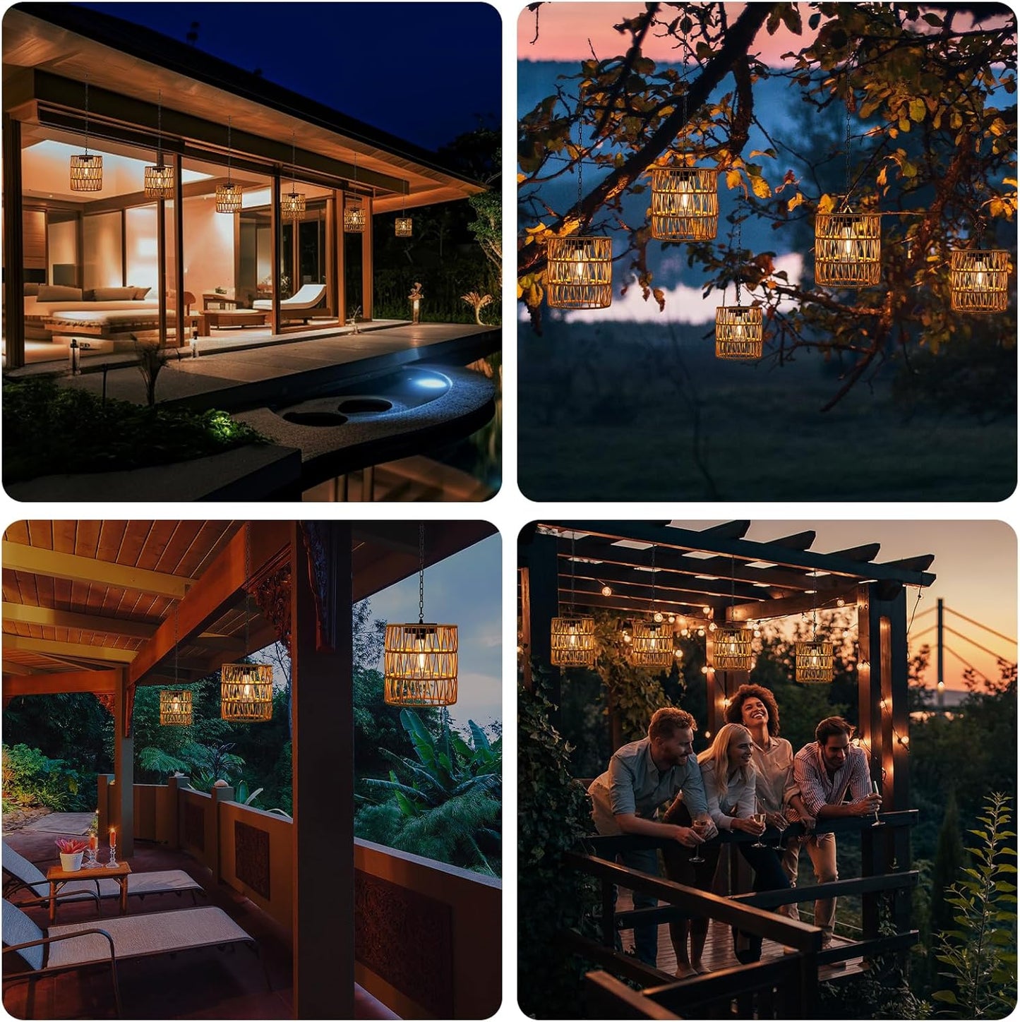 Livinlarge Solar Chandelier Lantern,Outdoor Rattan Pendant Lights,Waterproof Boho Hanging Lamps with Edison Bulb for Gazebo Tree Porch Yard Porch Patio Garden Backyard Decor