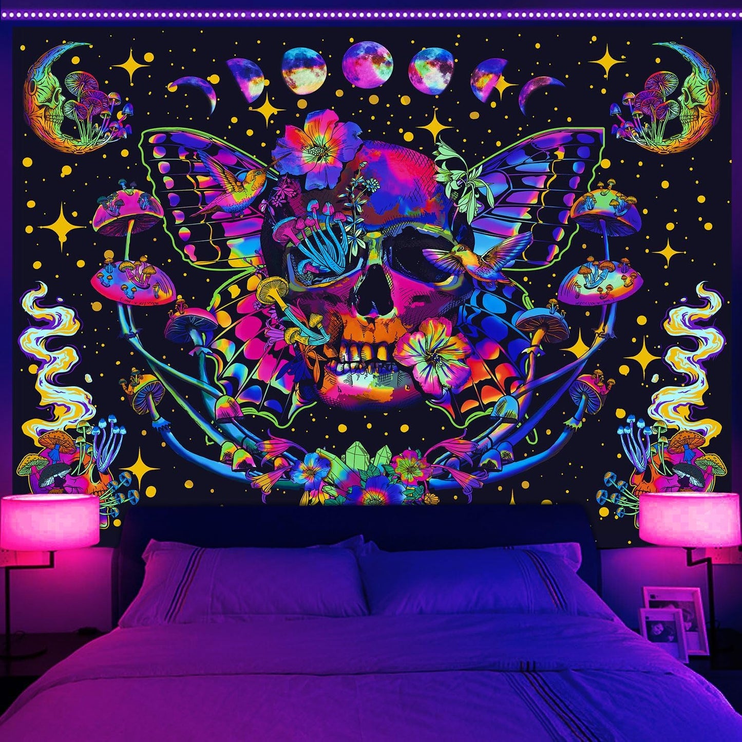 Xiaoput Blacklight Skull Tapestry, UV Reactive Mushroom Butterfly, Aesthetic Moth Moon Flowers, Hippie Skeleton Wall Hanging for Bedroom, Living Room, Home, Dorm 60x40in
