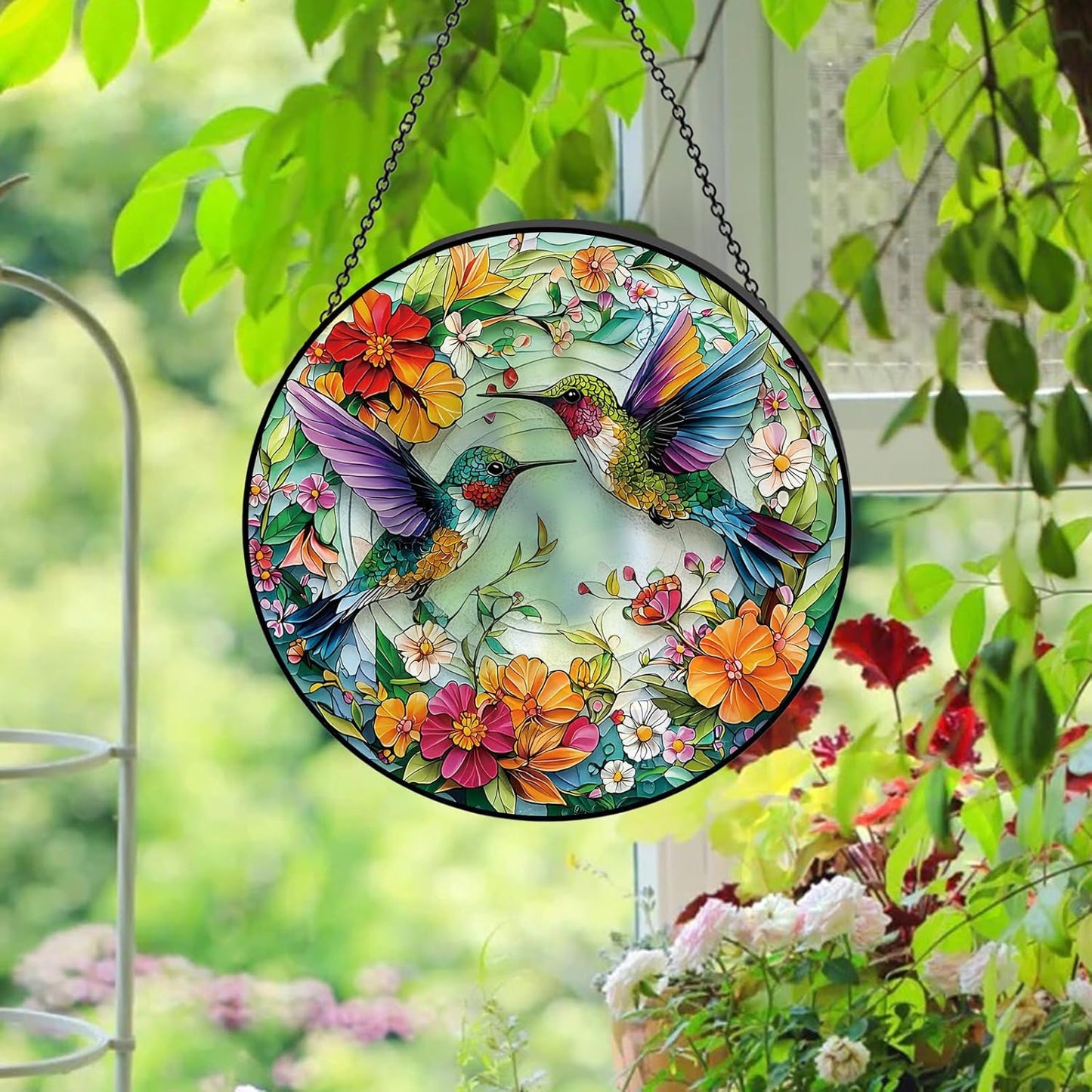 Stained Glass Window Hanging – Double-Sided Glass Sun Catcher with Chain – Memorial Window Art Panel for Home Décor, Spiritual Comfort, and All-Occasion Gifting