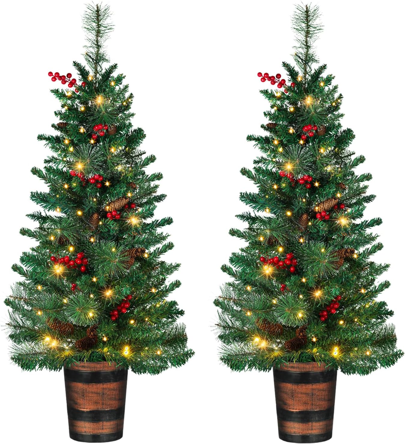 Set of 2 Christmas Trees with Lights 4-FT Artificial Potted Porch Berries and Pinecone Christmas Tree Battery Powered with 8 Modes and Timer for Indoor Outdoor