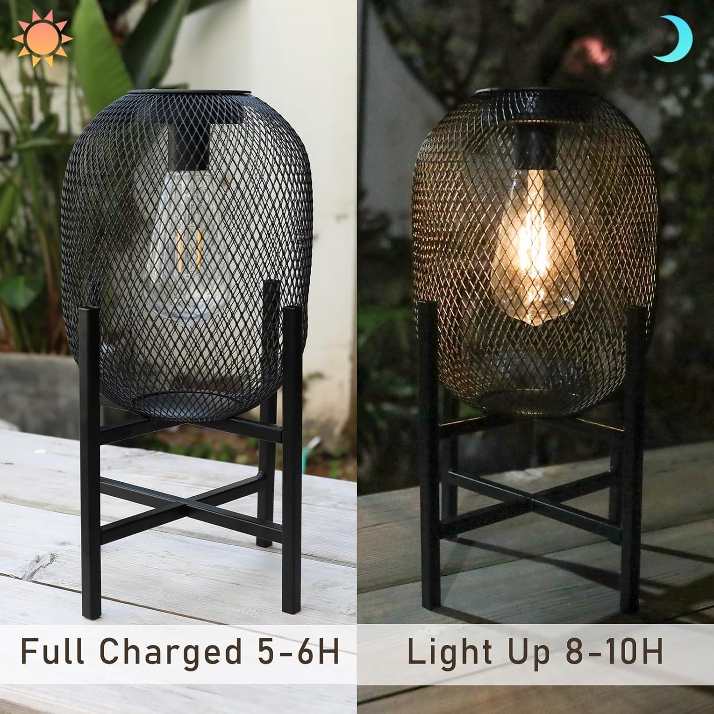 Solar Mesh Lantern Outdoor – 13.8" Tall Black Metal Patio Light with Edison Glass Bulb, Solar Powered Warm Glow LED, Waterproof IP65 for Garden, Porch, Deck, Tabletop Decor