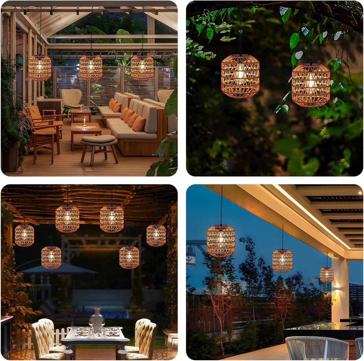 Livinlarge Solar Pendant Light Outdoor,Chandelier Hanging Lantern with Edison Bulb,Boho Solar Powered Lamps IP44 Waterproof for Gazebo Tree Porch Yard Porch Patio Garden Backyard Decorative