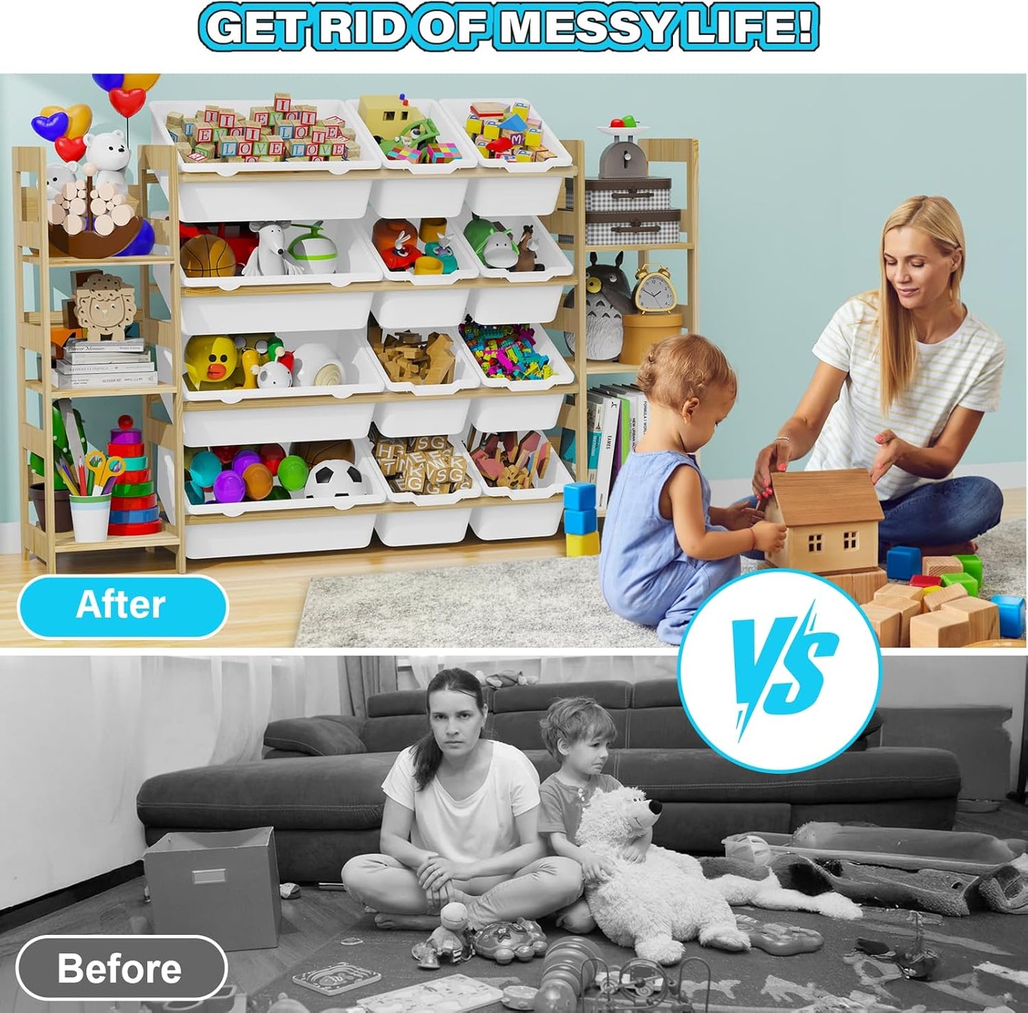 Toy Storage Organizer, with 4-Tier Toy Shelf and 12 Bins, Kids Bookshelf and Toy Storage with 6 Shelves for Kids Room Bedroom Playroom Nursery Room