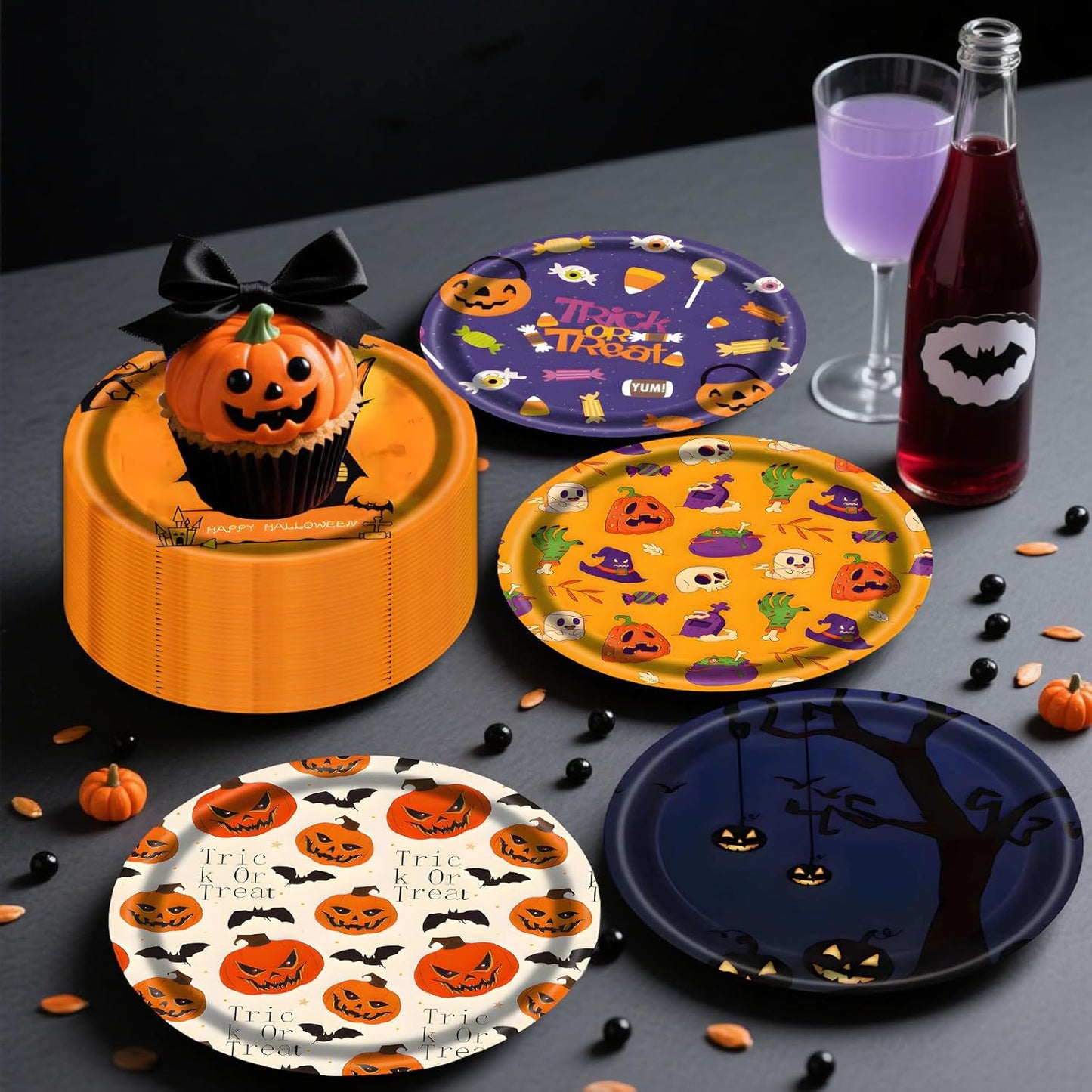 48 PCS Halloween Paper Plates 7 inch, Bat Castle Skull Pumpkin Party Plates Disposable Cake Dessert Plate for Halloween Party Decorations