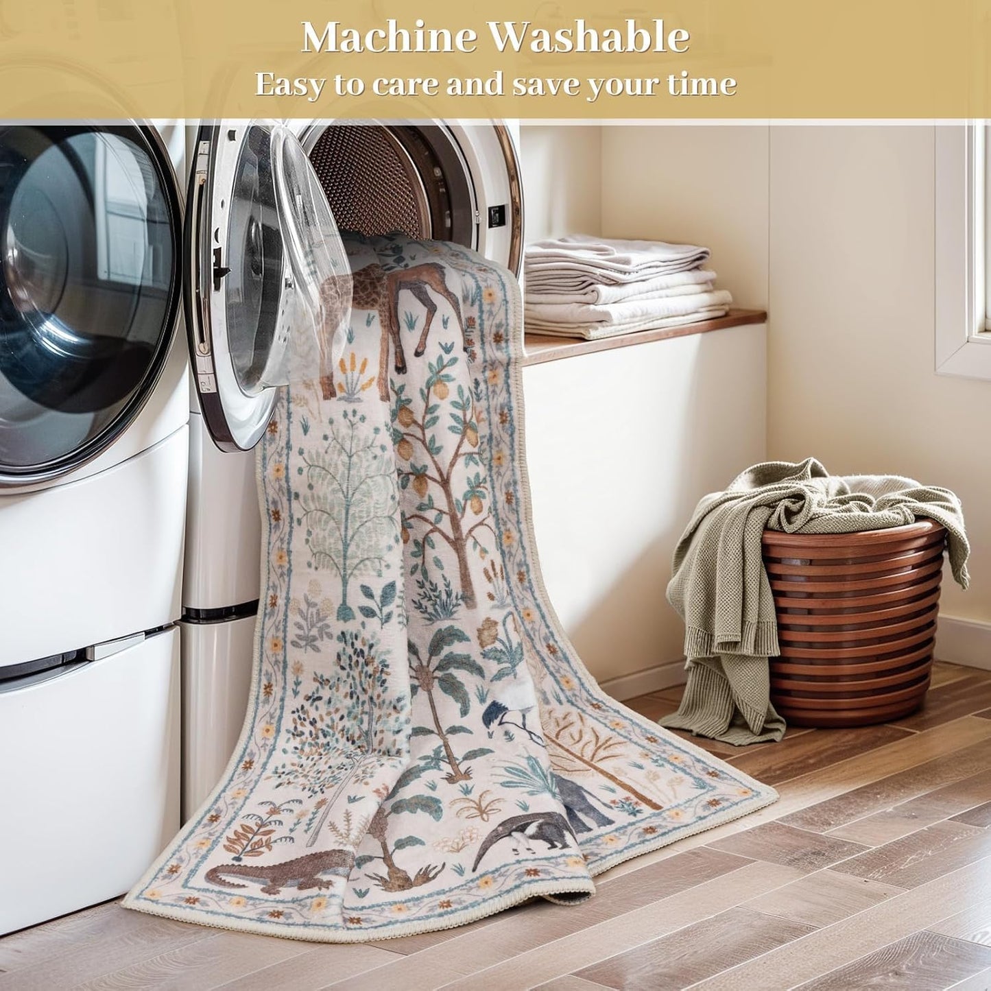 OJIA Jungle Living Room Rug 9x12 Washable Rugs for Bedroom, Ultra-Thin Modern Beige Non-Shedding Large Area Rug Playroom Rug Non-Slip Stain Resistant Accent Carpet for Kids Room Dining