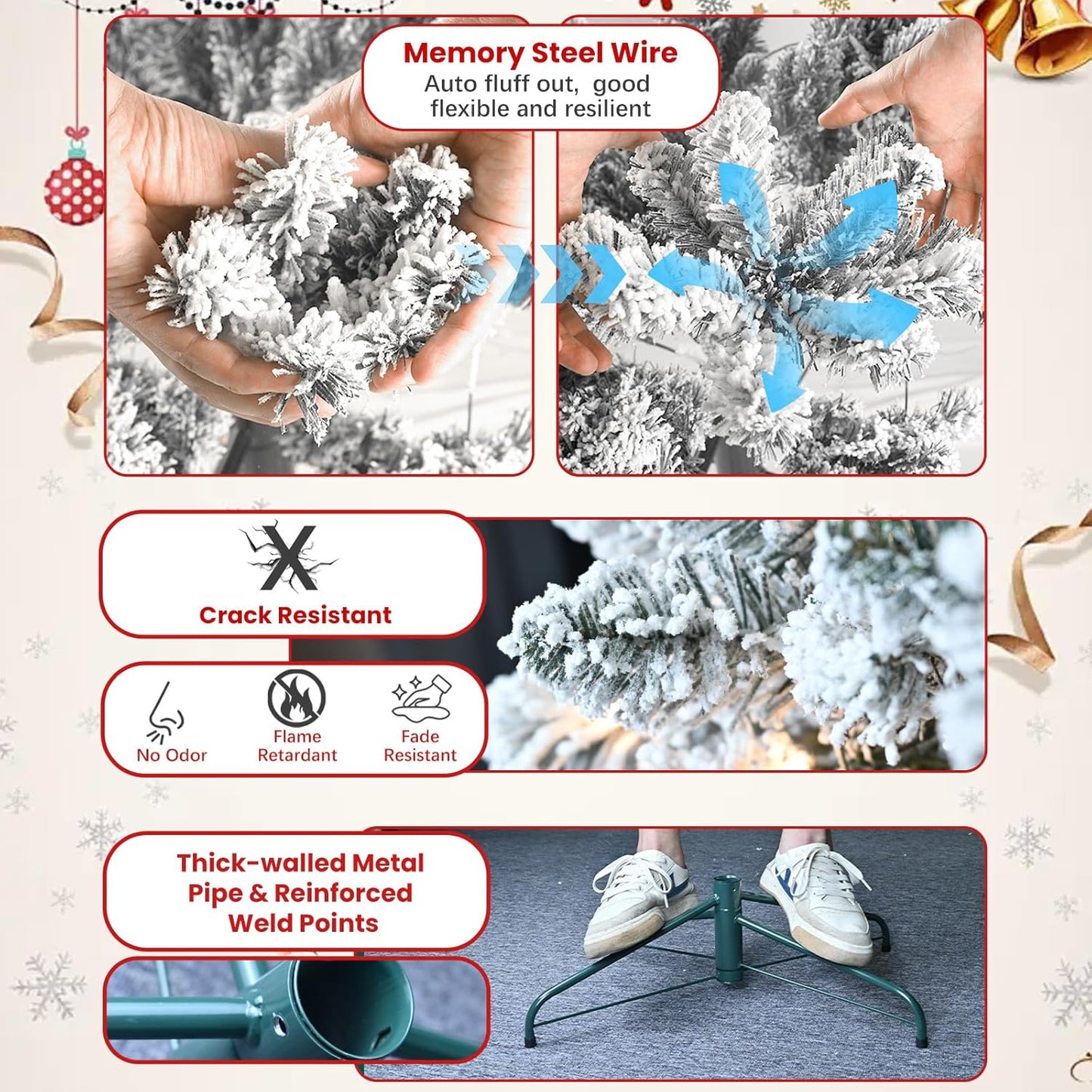 7ft Prelit Flocked Christmas Tree, Frosted Artificial Christmas Tree with 500UL Lights, Pine Cones & 1124 Tips, Auto Hinged Easy Setup Full Prelighted Fake Christmas Tree