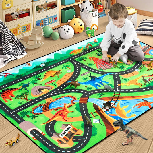 Kids Rug, Car Carpet for Kids' Toy Cars, 3x5 Ft Dinosaur Rug, Dino Safari Road Mat for Playroom, Educational Learning & Game Area Baby Play Mat Carpet for Children