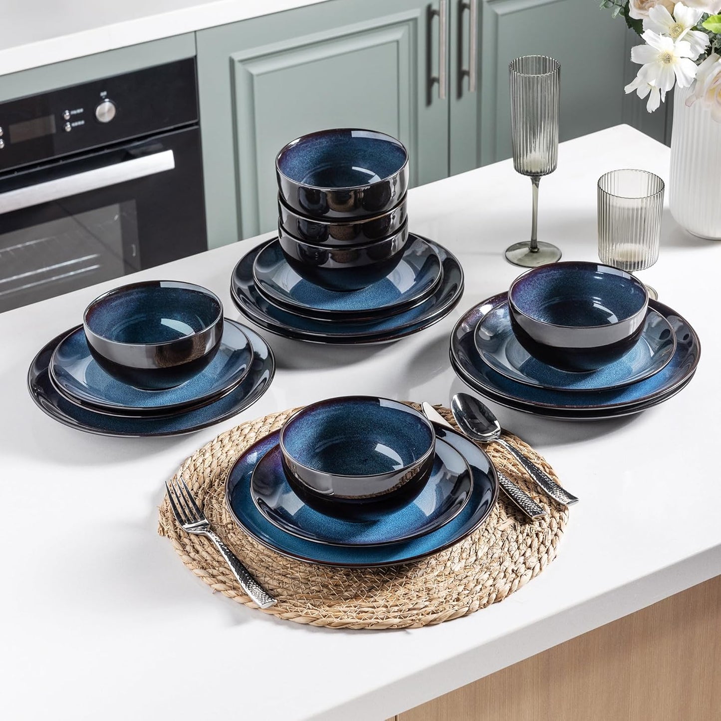 LeRatio Ceramic Dinnerware Sets for 6,Plates and Bowls Sets,Handmade Reactive Glaze Dishes Set,Chip Resistant and Scratch Resistant | Oven&Dishwasher & Microwave Safe-Blue(18PCS)