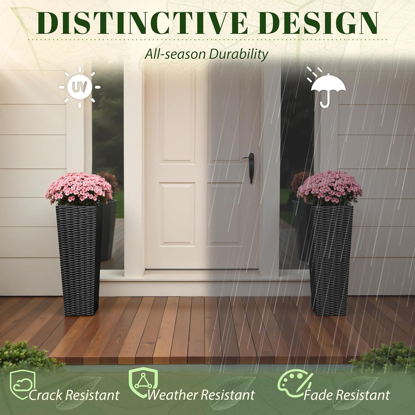 JUMMICO Set of 2 Resin Rattan Tall Planters for Outdoor Plants, Large Tapered Planters with Drainage Holes&Inner Trays, Flower Pots for Garden, Patio, Porch, Backyard (Black, 24'')