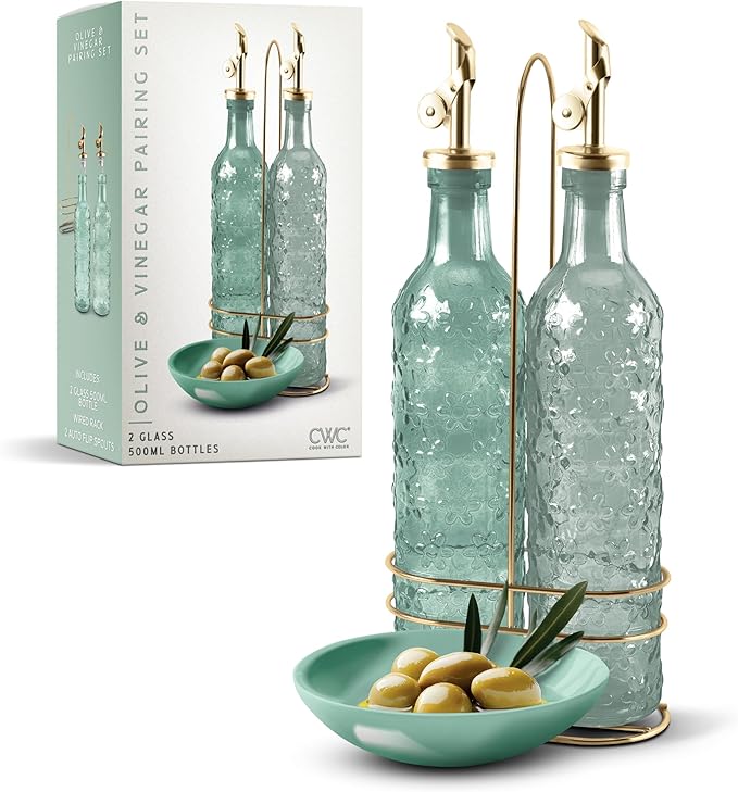 COOK WITH COLOR Glass Olive Oil Bottle Dispenser - 2 Pack- 17oz Oil and Vinegar Cruet - Olive Oil Carafe Decanter for Kitchen