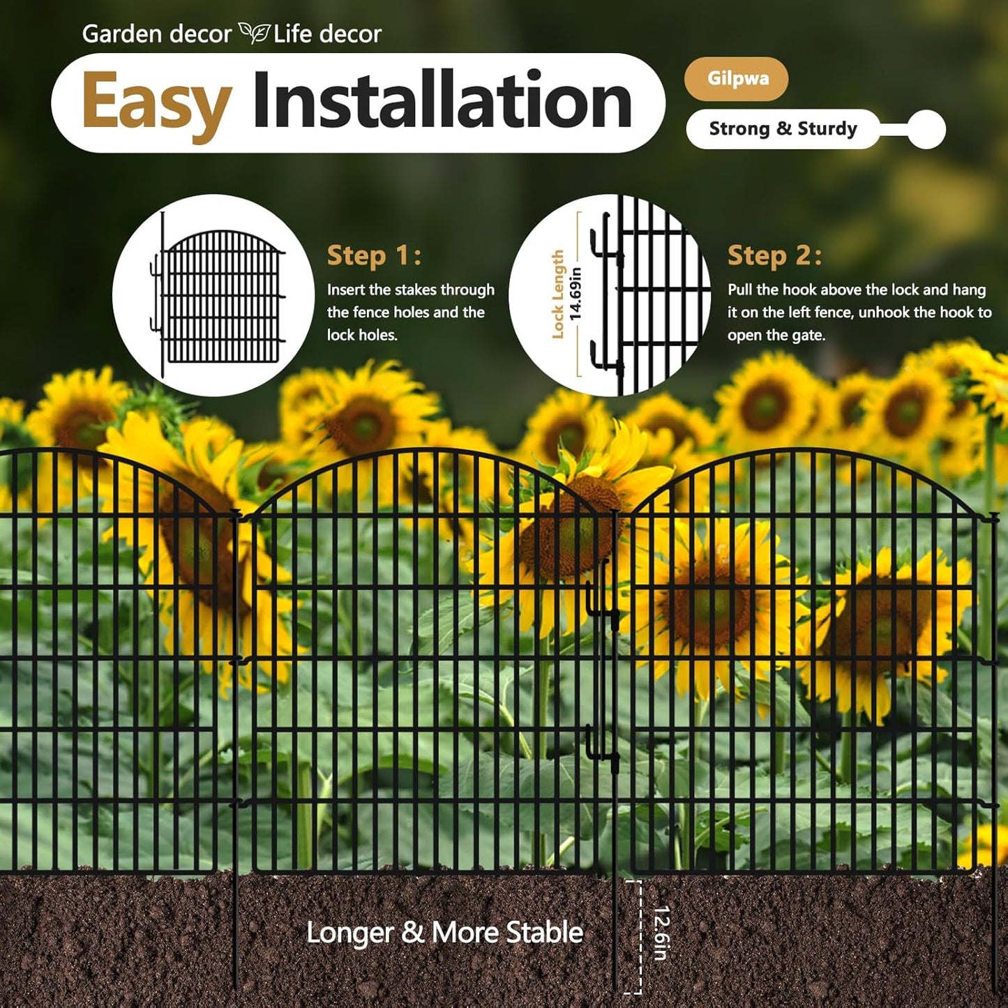 16 Panels Decorative Garden Fence with Lock, 33in (H) x 38.67ft (L) No Dig Dog Animal Barrier for Outdoor Yard, Rustproof Ground Stakes Metal Fencing for Yard, Patio, Flower Bed