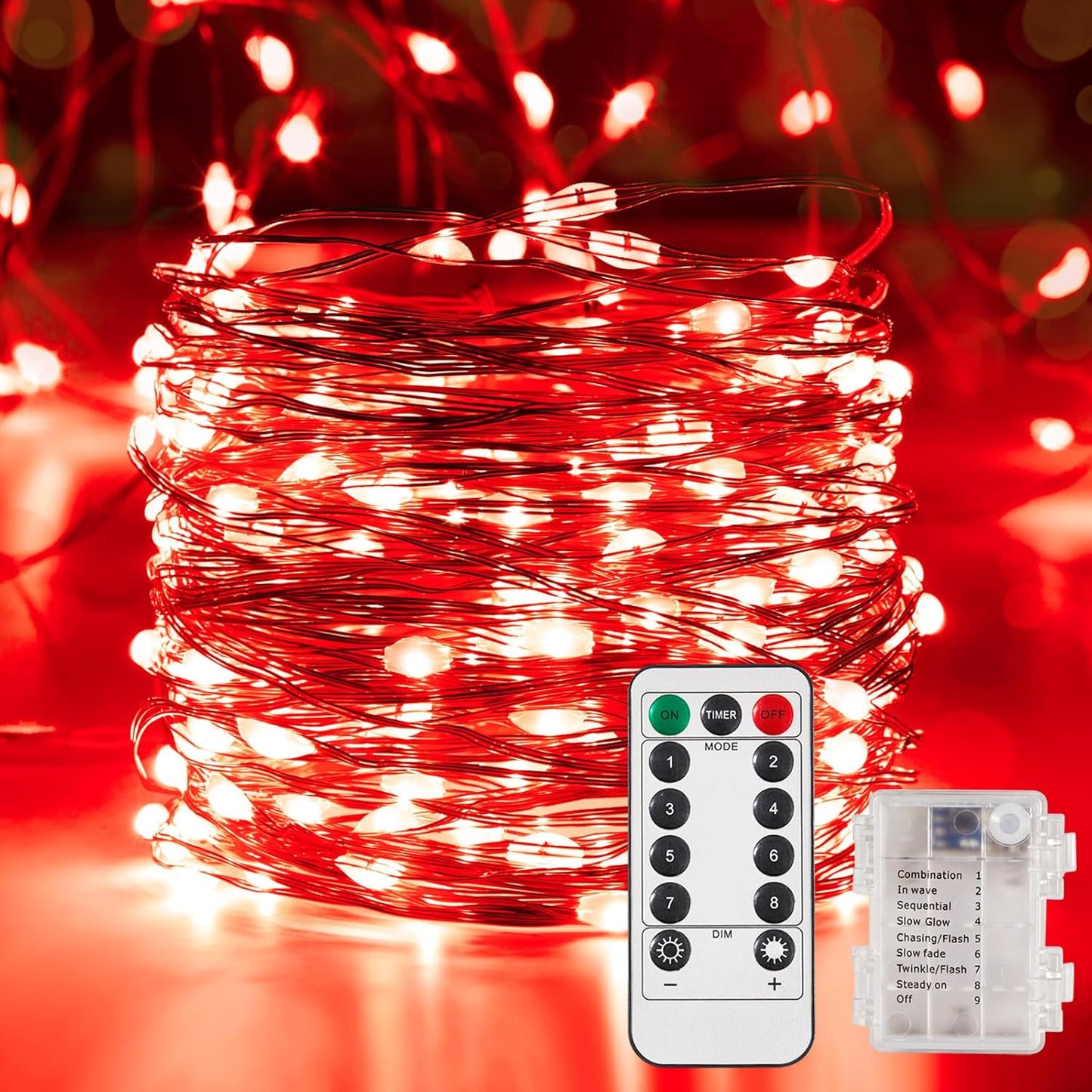 4 Pack 65.6 Ft. Battery Operated Outdoor String Lights with Remote & Timer, LED Red Fairy Lights, Waterproof Twinkle Lights for Bedroom, Dorm, Mason Jar, Wedding, Party, Christmas