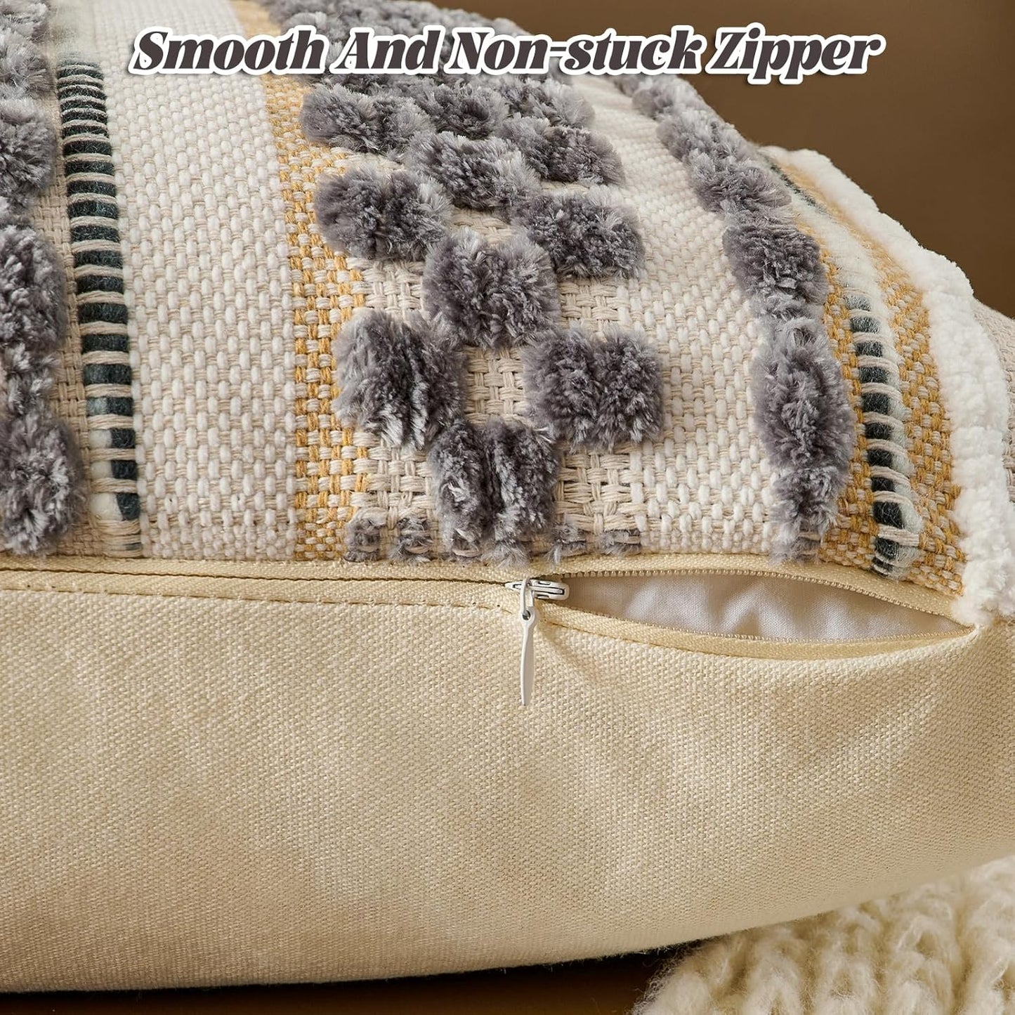 AmHoo Set of 2 Chenille Striped Textured Boho Throw Pillow Covers Aesthetic with Tassels Woven Decorative Pillow Case for Couch Bed Sofa Bedroom Modern Funky 18 x 18-Inch Grey White