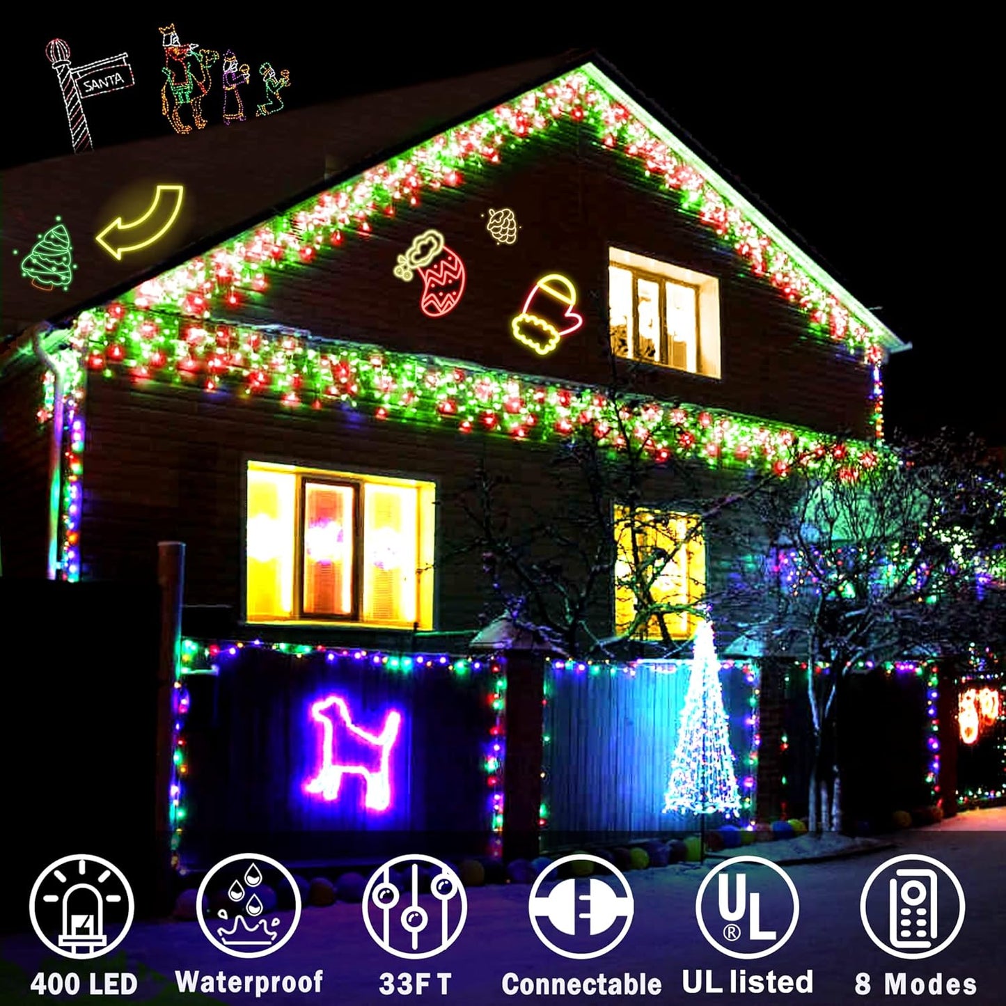 KNONEW Christmas Lights Outdoor Decorations 400 LED 33ft 8 Modes Curtain Fairy String Light with 75 Drops, Clear Wire LED String Light Indoor Decor for Wedding Party Christmas (Red and Green)