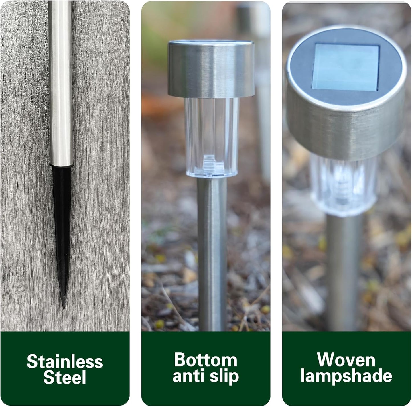 EcoGreen Outdoor Pathway Solar Light, 8pcs Pack,Garden Patio Balcony Walk Way Lights, Stainless Steel Leg, 5000K Daylight, IP65 Waterproof, 1.85 * 12.2in