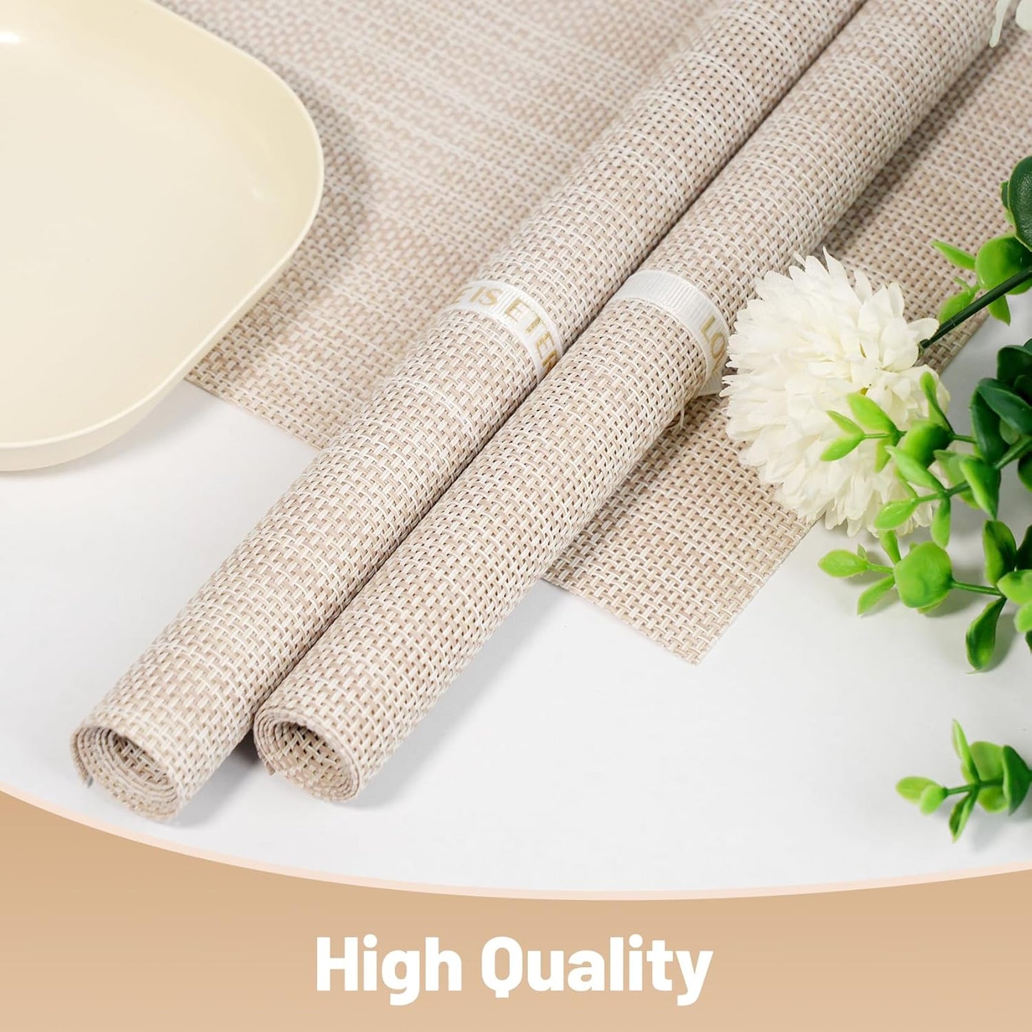 Placemats Set of 6，Non-Slip PVC Weave Table Mats Easy to Clean，Heat Resistant Place Mats for Kitchen Dining Table Decoration Indoor Outdoor，Beige White