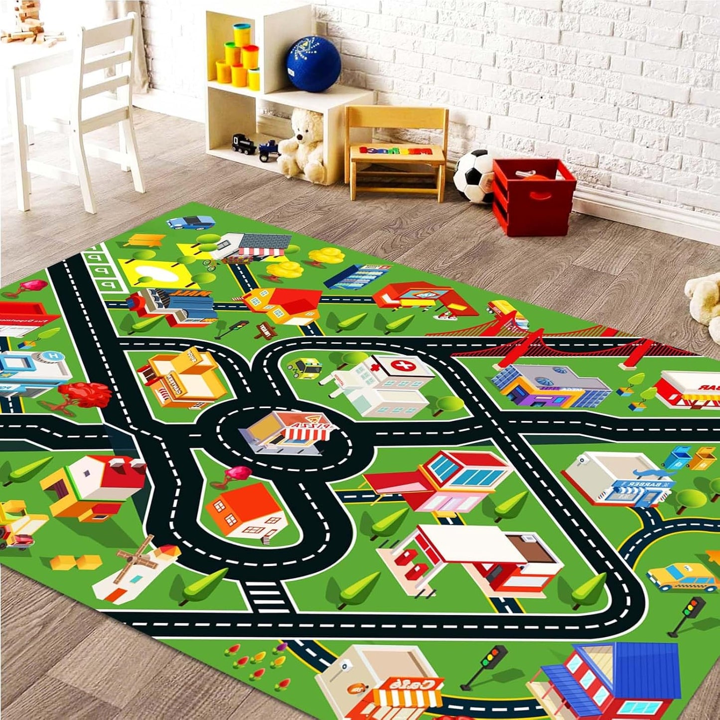 Kids Rug Car Rugs for Kids Toy Cars Play Mat with Rubber Backing City Life Road Rug for Cars Fun City Map for Carpet for Bedroom Boys (RED-Rug, 5.2x7.9ft)