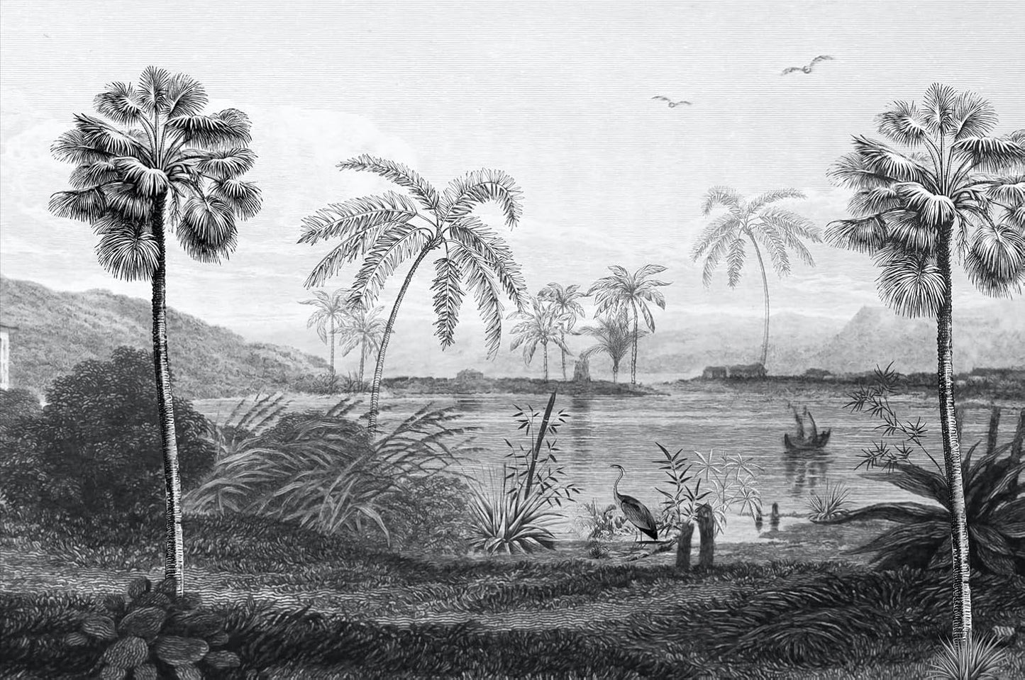 Vintage Black and White Forest Wallpaper Hand Painted Palm Tree Wall Mural for Bedroom Living Room (Not Peel n' Stick)