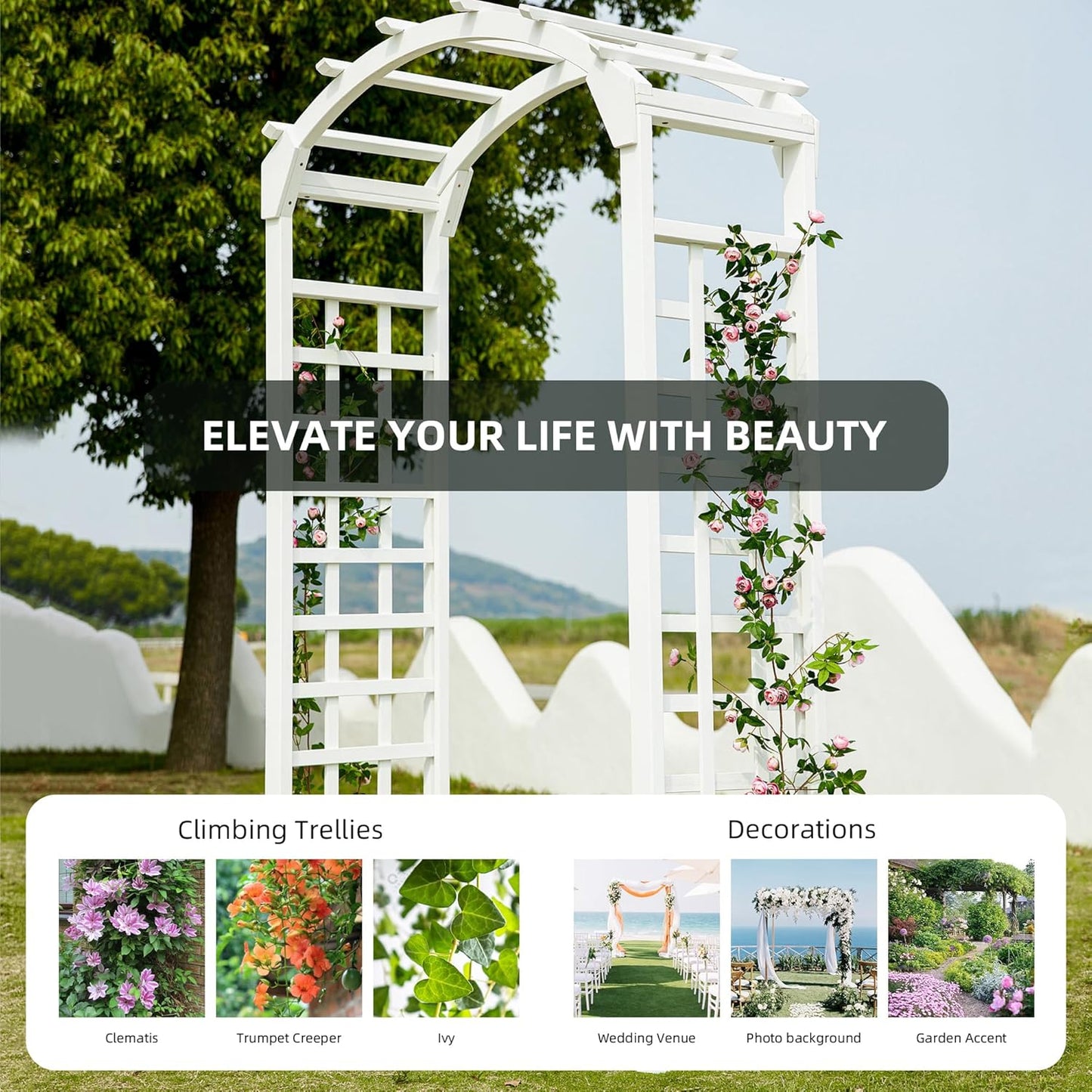 Solid Fir Wooden Garden Arch Premium Outdoor Trellis for Climbing Plants, 84.5”H×49.37”W×23.5’’D, Also can be Used for Wedding and Party Decoration