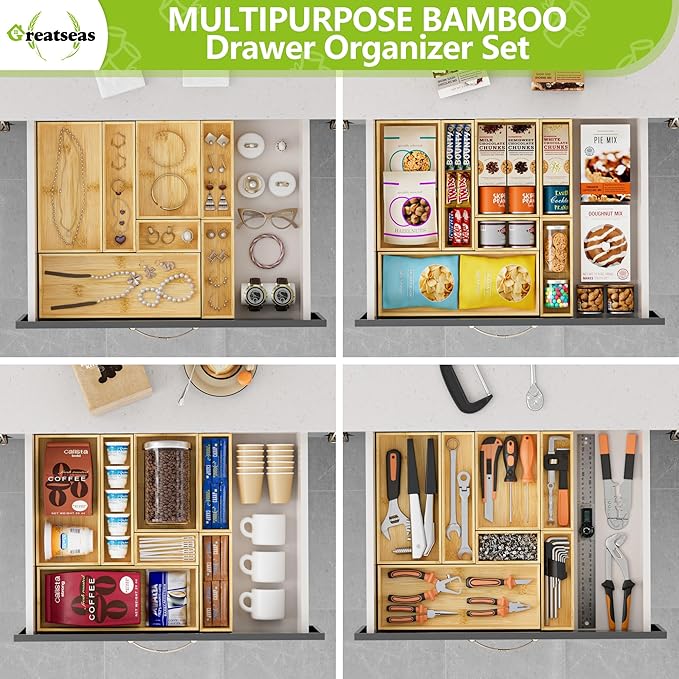 Silverware Bamboo Drawer Organizer Tray, 4 PCS Kitchen Drawer Organizer Storage for Utensil Cutlery, Bathroom, Office Desk, Makeup