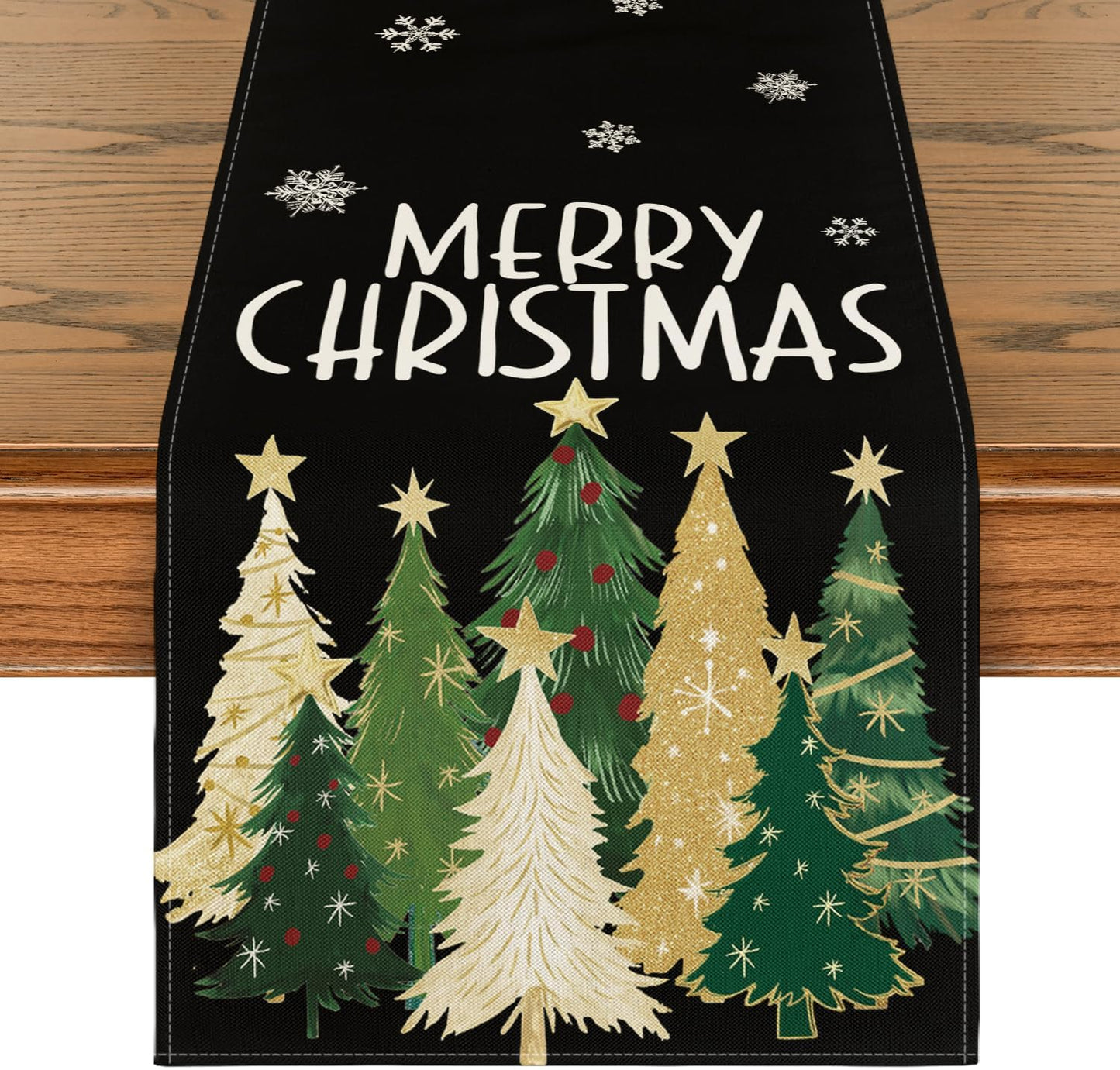 Artoid Mode Xmas Trees Snowflakes Black Merry Christmas Table Runner, Winter Seasonal Kitchen Dining Table Decoration for Home Party Decor 13x60 Inch