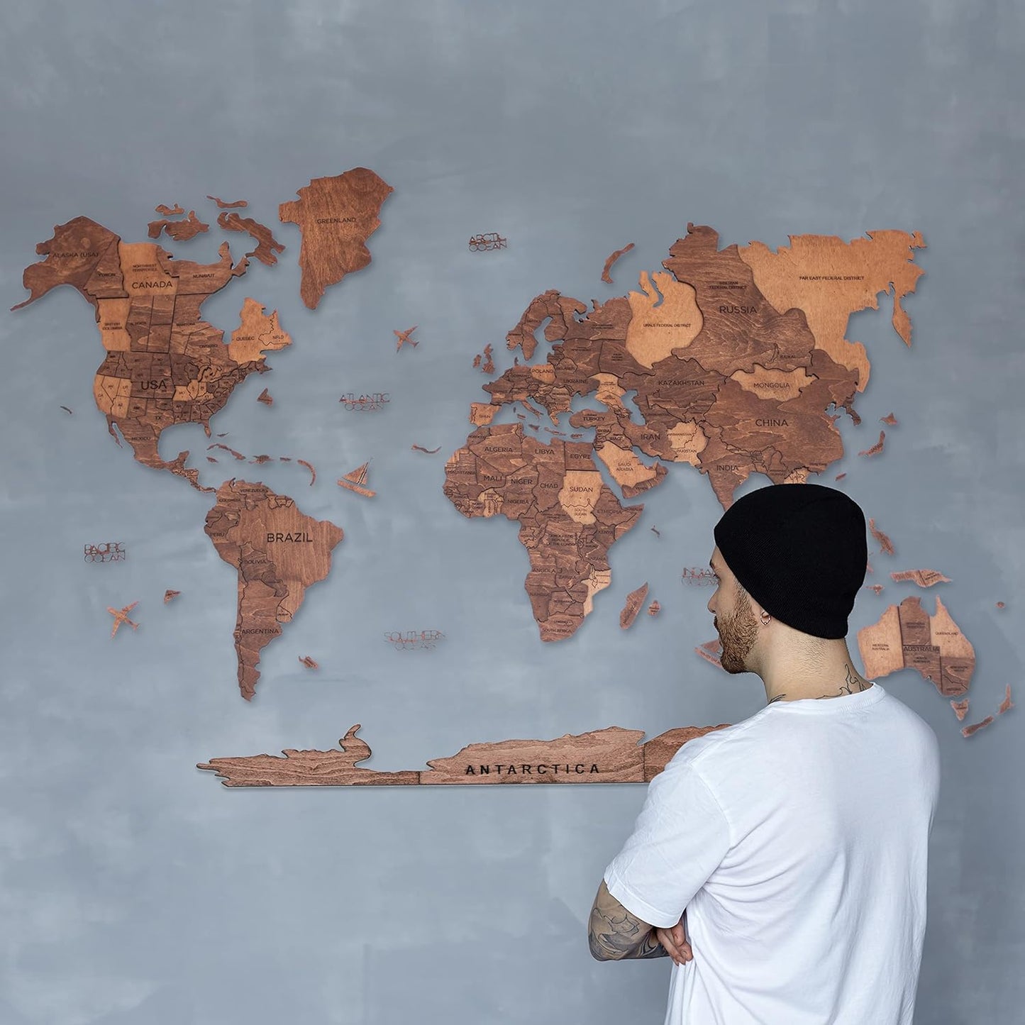 Handmade 3D Wood World Map Wall Art Large Wall Decor Track Your World Travels - Special For Home, Kitchen And Office (Large, Oak)