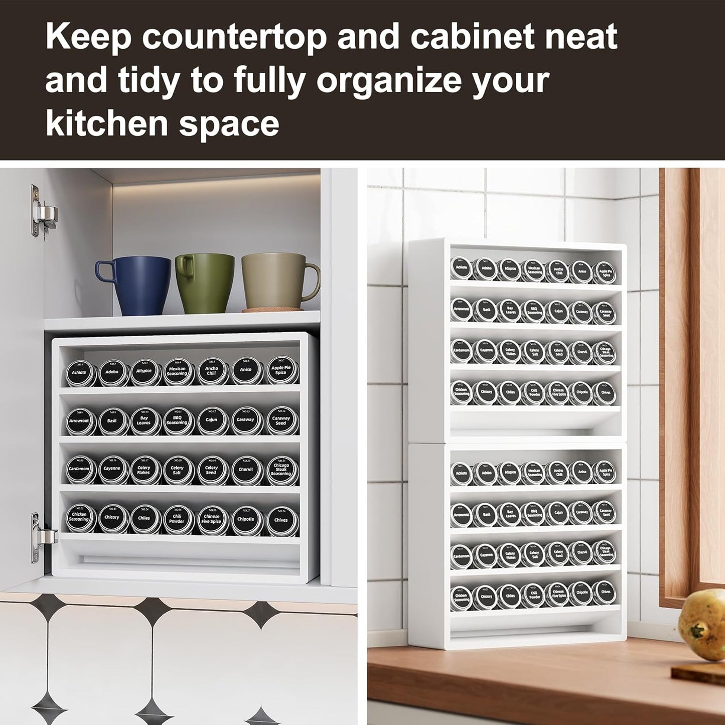 Orimade 4 Tier Spice Rack Organizer for Cabinet, Freestanding Bamboo Seasoning Rack for Countertop, Cupboard, Pantry, Kitchen, 13.18 x 4.13 x 12.2 inches(Spice Jars Not Included), White