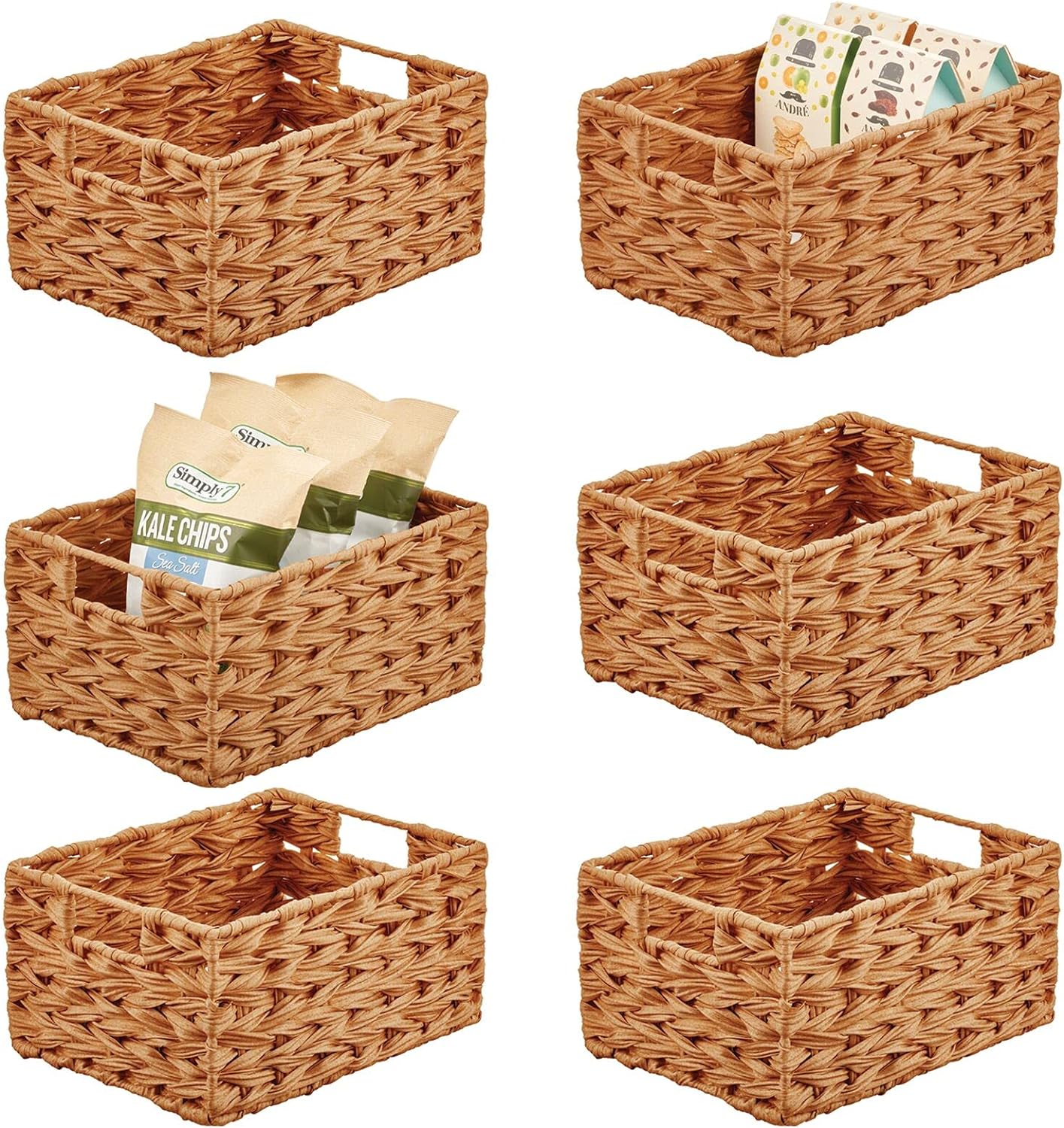 mDesign Woven Farmhouse Kitchen Pantry Food Storage Organizer Basket Bin Box - Container Organization for Cabinets, Cupboards, Shelves, Countertops - Store Potatoes, Onions, Fruit, 6 Pack, Camel Brown