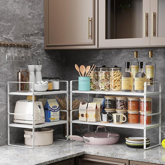 Hole Pattern Expandable Shelf Organizer,1Pack 10.2" Wide Easy to Assemble Cabinet Organizer Shelf, 16.5~27.1" Adjustable Height&Stackable Spice Organization for Cupboard, White