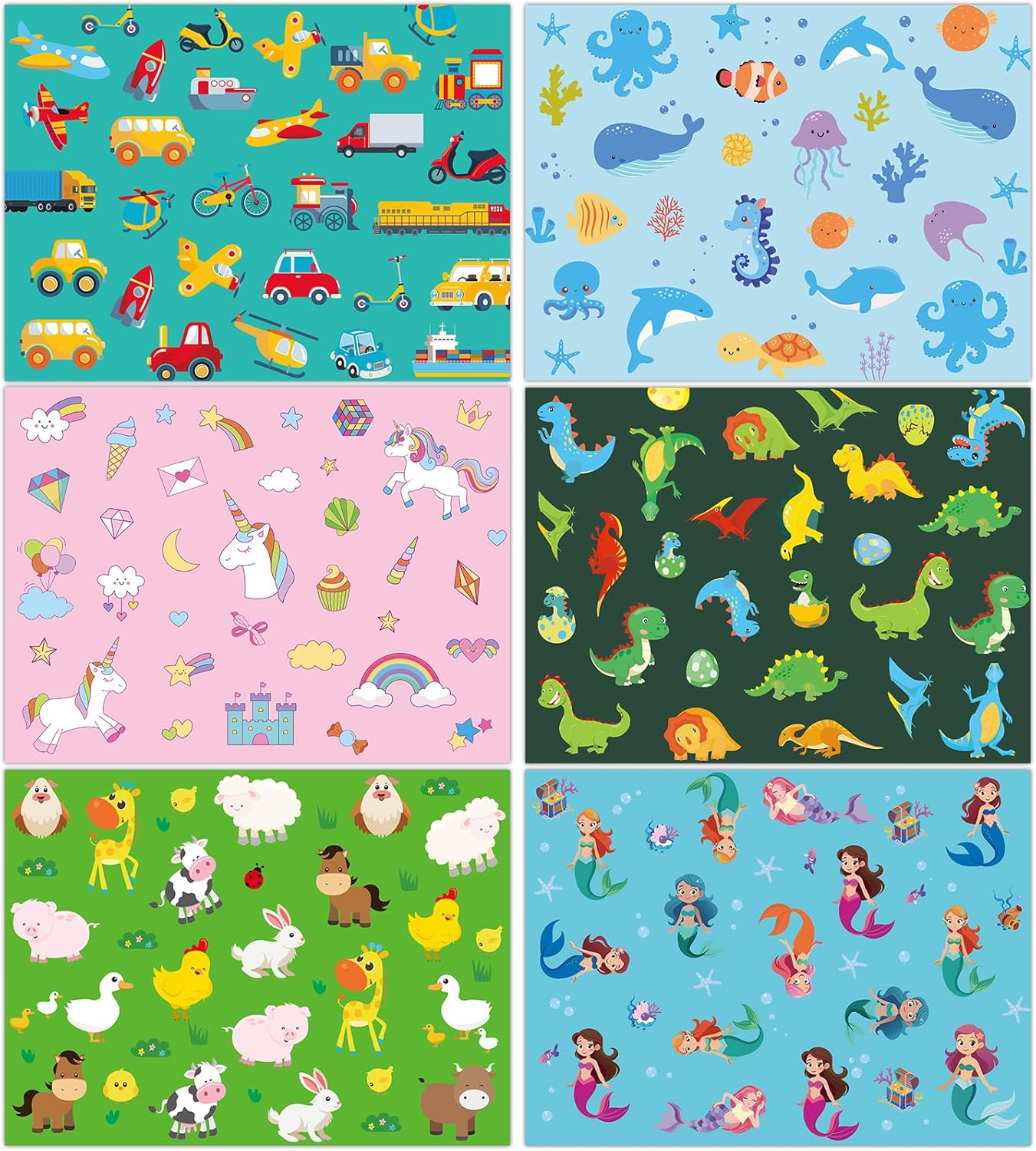 Unicorn Mermaid Kids Placemats Set of 6 Transport Dinosaur Plastic Table Mats Toddler Children Farm Ocean Animal Place Mats Washable Table Decoration for Indoor Outdoor Party Kitchen Dining