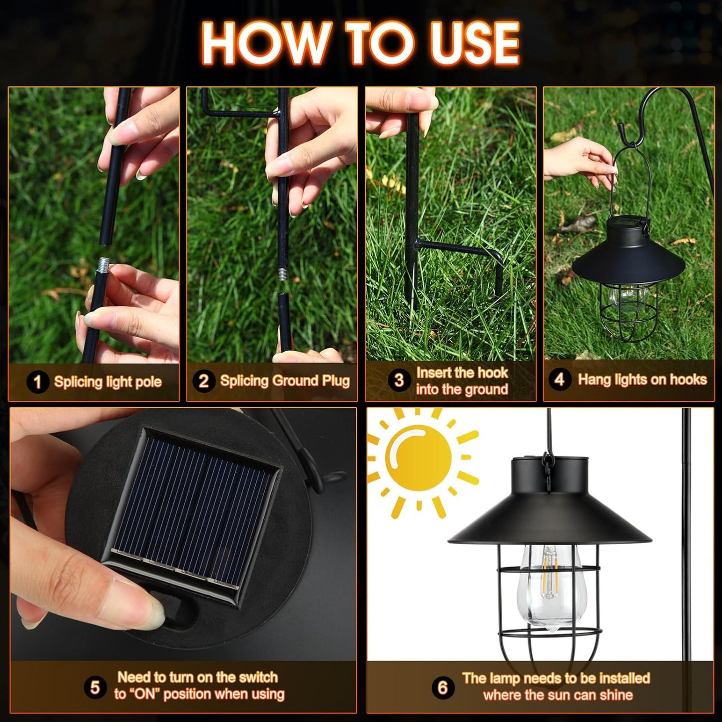 Retisee 4 Pcs Hanging Solar Light 31" Outdoor Solar Lamp Lanterns with Dual Use Shepherd Hook Waterproof Pathway Hanging Lights Metal Garden Lantern for Path Patio Yard Lawn Driveway Markers (Black)