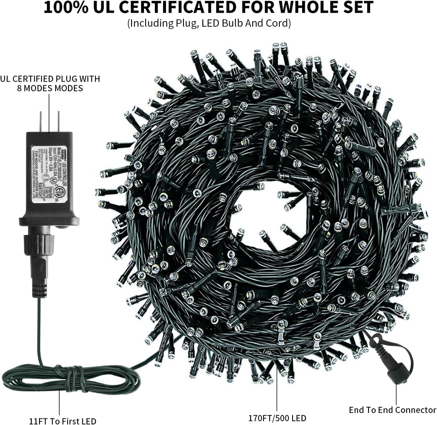 XTF2015 170FT 500 LED Christmas String Lights, Christmas Lights End to End Plug 8 Modes Memory Function with Timer, UL Certified Outdoor Indoor Fairy Light Christmas Tree, Patio, Party (Warm White)