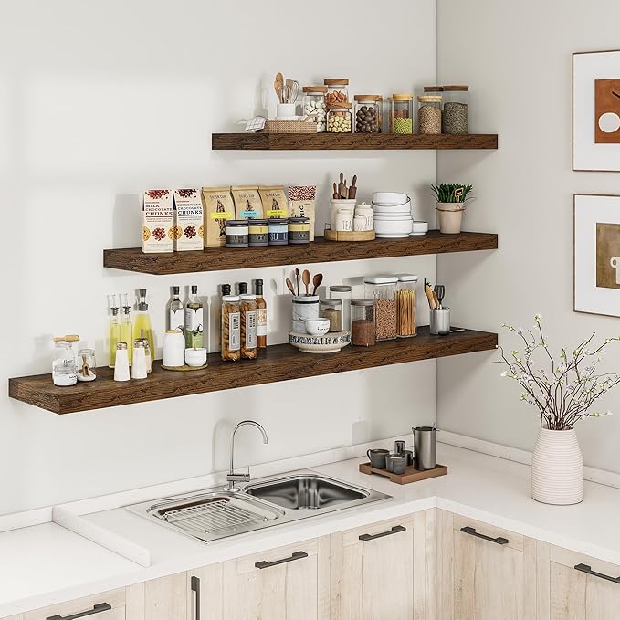 RICHFOCUS 72Inch Floating Shelves for Wall 1 Pack Shelves for Bedroom|Kitchen|Bathroom Wall Mounted Rustic Wood Floating Shelf with Invisible Brackets for Books|Storage|Decor, Rustic Brown