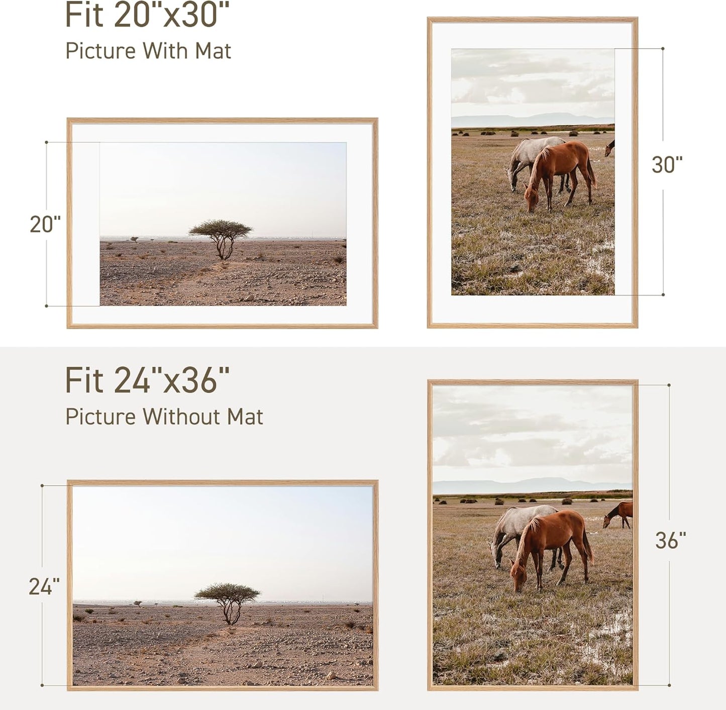 24x36 Poster Frame Set of 2 Natural Solid Oak Photo Frames with 20x30 Removable Mat Wall Hanging Large Handcrafted Frame with HD Plexiglass Wall and Tabletop Display Large Picture Frame