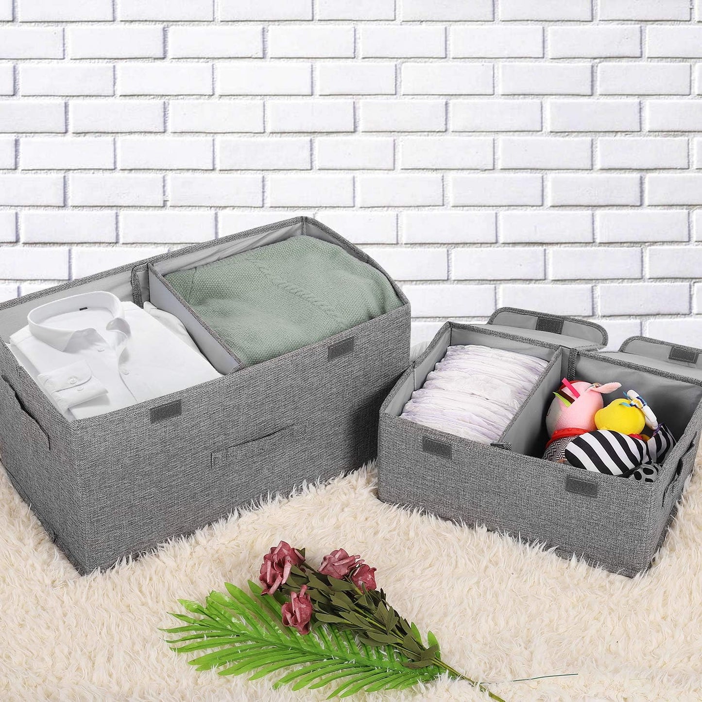 2 Pack Large Storage Boxes with Lids and Handles, Collapsible Linen Storage Bins Organizer Containers Baskets Cube with Removable Divider for Home Bedroom Closet Office (Khaki, Large)