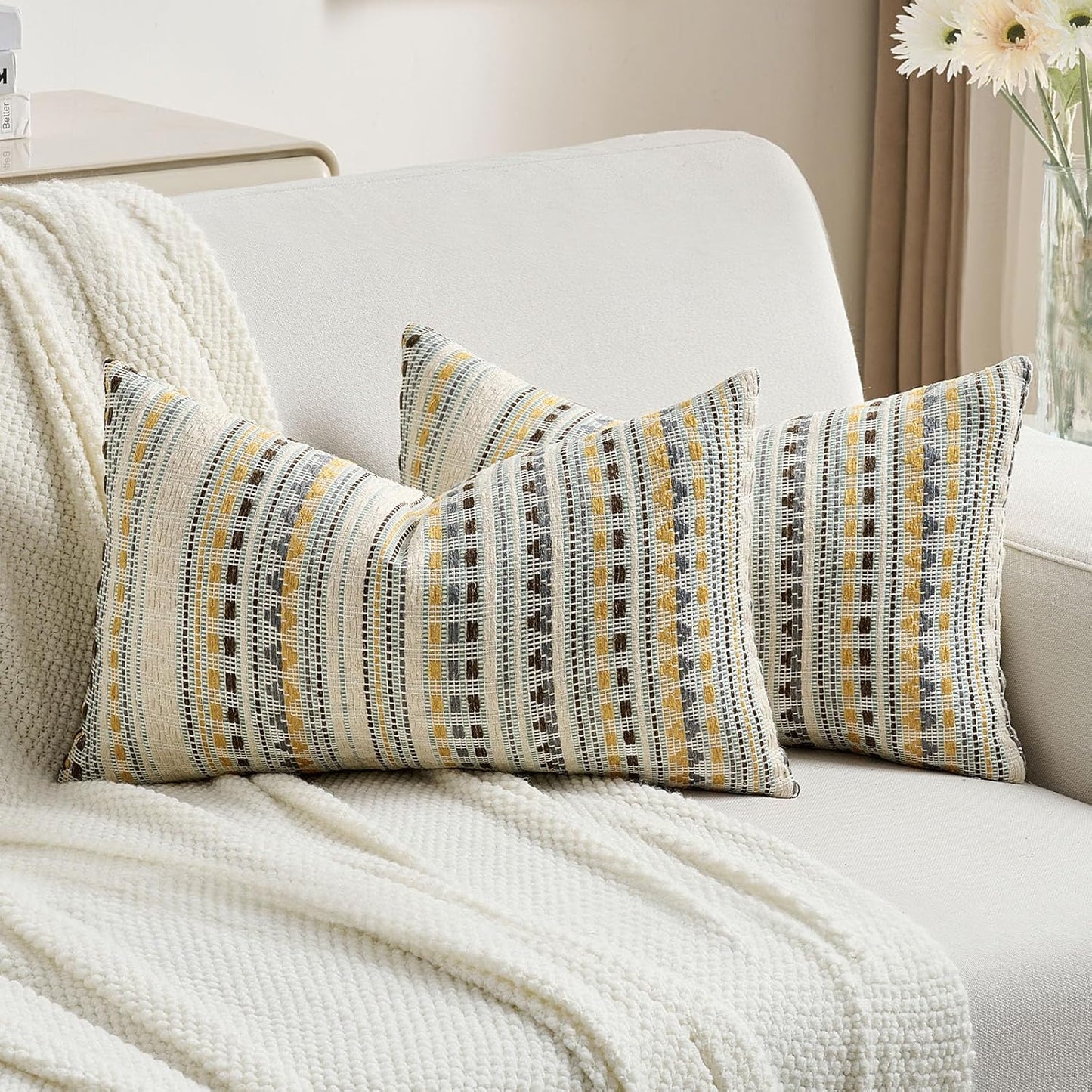 FUTEI Yellow Grey Decorative Throw Pillow Covers 12x20 Inch Set of 2,Soft Cozy Chenille Jacquard Textured Pillow Case,Boho Home Decor for Couch Bed Living Room