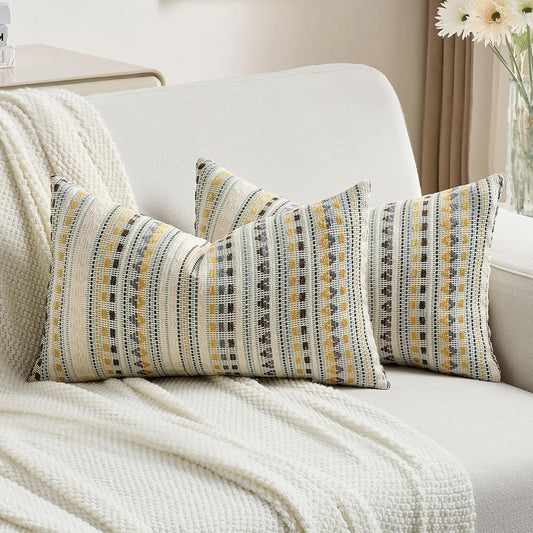 FUTEI Yellow Grey Decorative Throw Pillow Covers 12x20 Inch Set of 2,Soft Cozy Chenille Jacquard Textured Pillow Case,Boho Home Decor for Couch Bed Living Room
