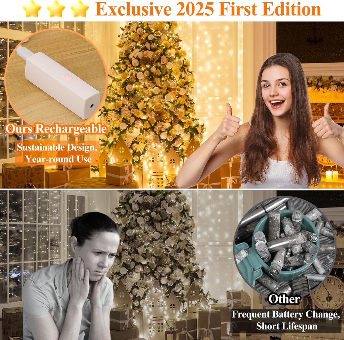 Lakumu LED Fairy Lights Battery Operated, Rechargeable Twinkle Lights with Timer, Mini LED String Lights for Bedroom, Christmas Decorations, Wedding, Vine, Centerpiece Table Decor (5M/16FT Warm White)