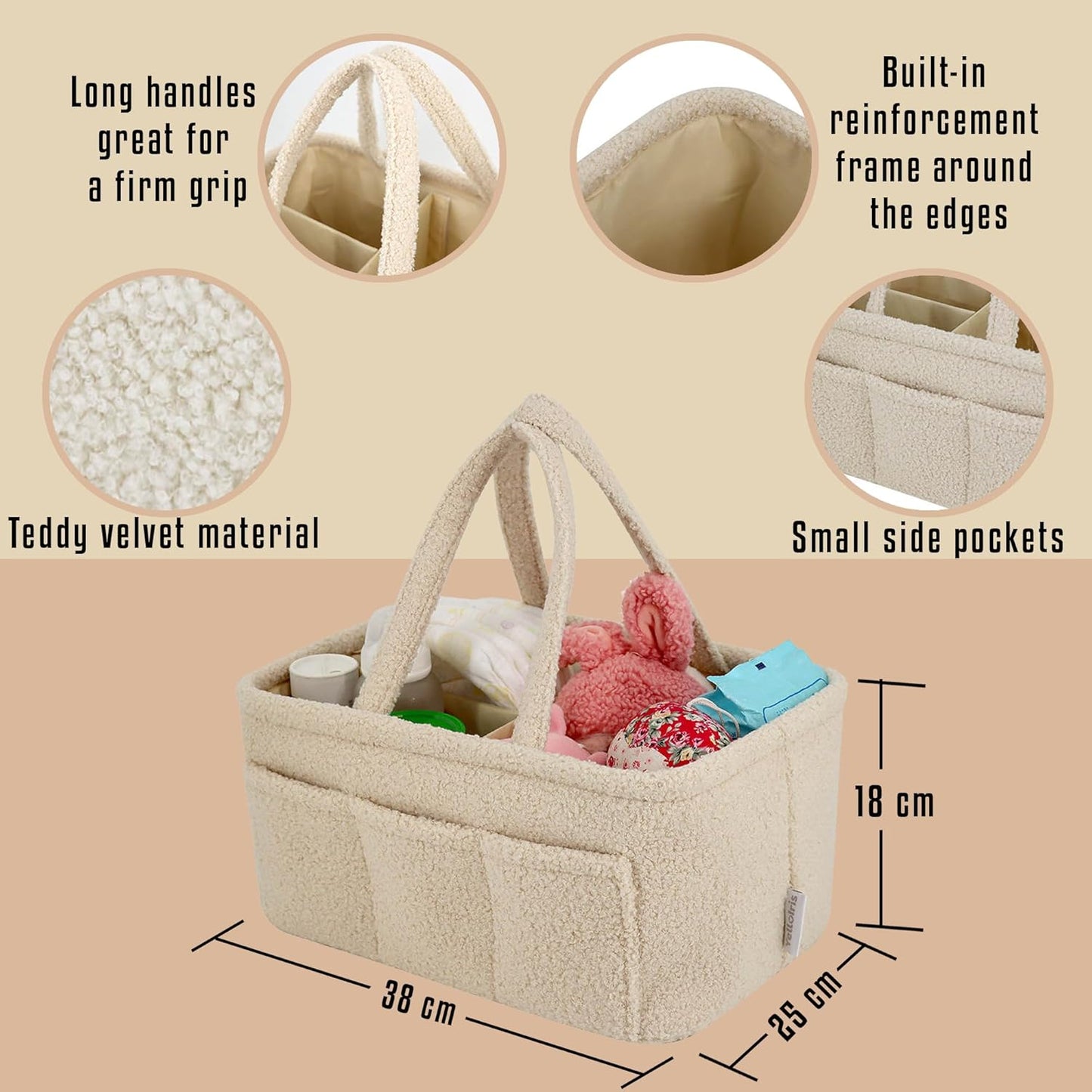 Baby Diaper Caddy Organizer – Soft Beige Sherpa with 3 Removable Compartments & 6 Side Pockets – Perfect Nursery Storage Bin & Car Organizer for Diapers, Baby Wipes, and Essential Supplies.