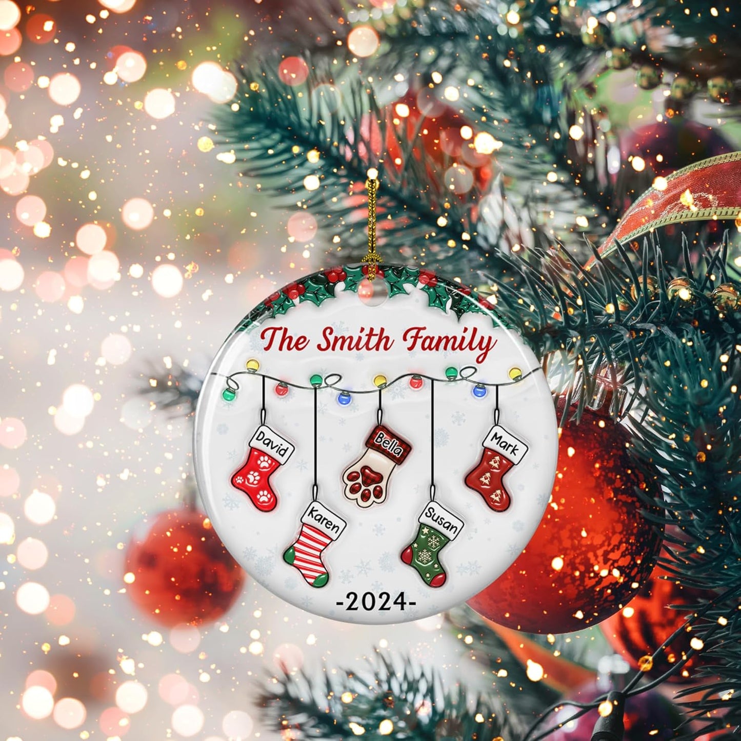 Stocking Personalized Family Christmas Ceramic Ornament 2025-3D Inflated Effect Custom Name Hanging Stock up to 10 Members, First Xmas as A Family Ornament Gifts (A04, 2 Names)