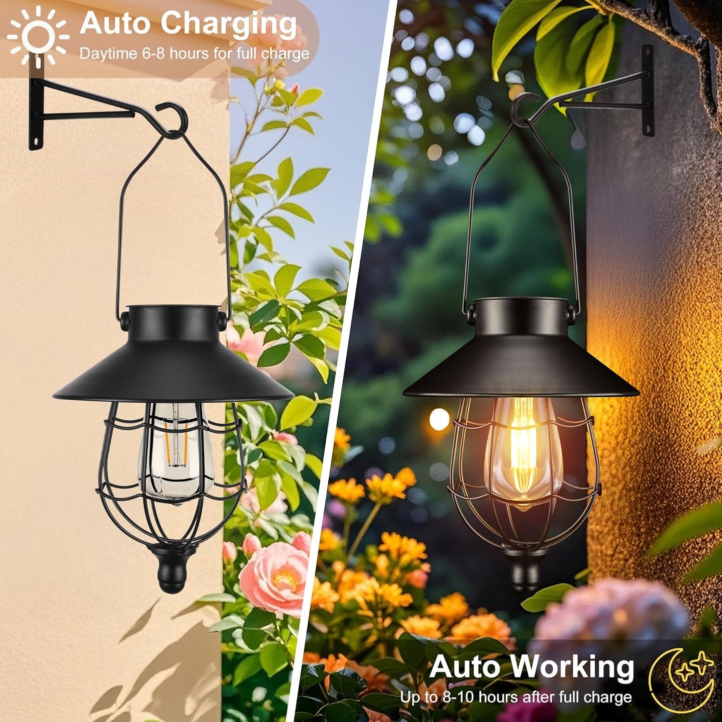 pearlstar 2 Pack Solar Lantern Outdoor Hanging Light Waterproof Metal Solar Lamp for Yard Garden Pathway Patio Porch Decor(Black)