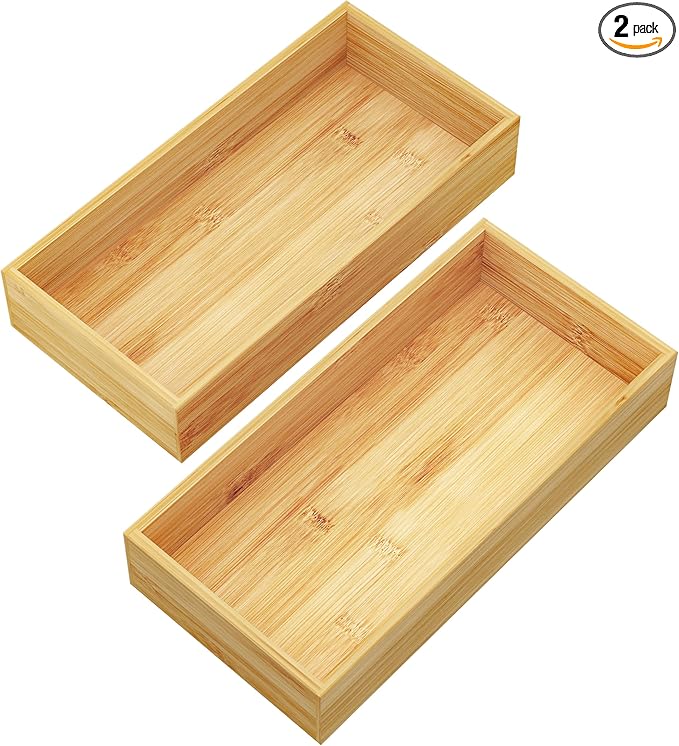 BAMEOS Deep Utensil Drawer Organizer, Bamboo Silverware Organizer for Kitchen Drawer Storage Flatware Junk Cutlery Jewelry 14"x 6.8" Set of 2 (Natural)