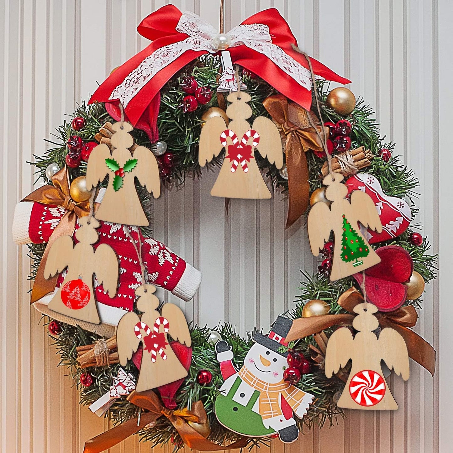 Blulu 60 Pieces Christmas Wooden Ornaments Round Wood Slices Snowflake Angel Shape with Cords for DIY Crafts New Year Christmas Tree Pendant Ornaments