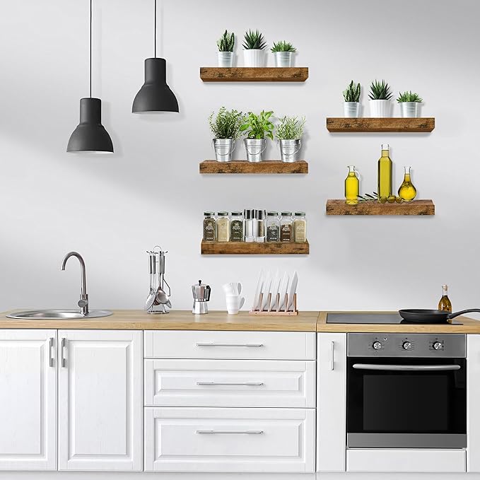 Sorbus Floating Shelves for Wall, Bathroom Shelves Wall Mounted for Kitchen, Bedroom, Living Room, Bathroom Storage, Over Toilet, Hanging Book Shelf for Ｗall Home Decor (Rustic Brown, 5 Pack)